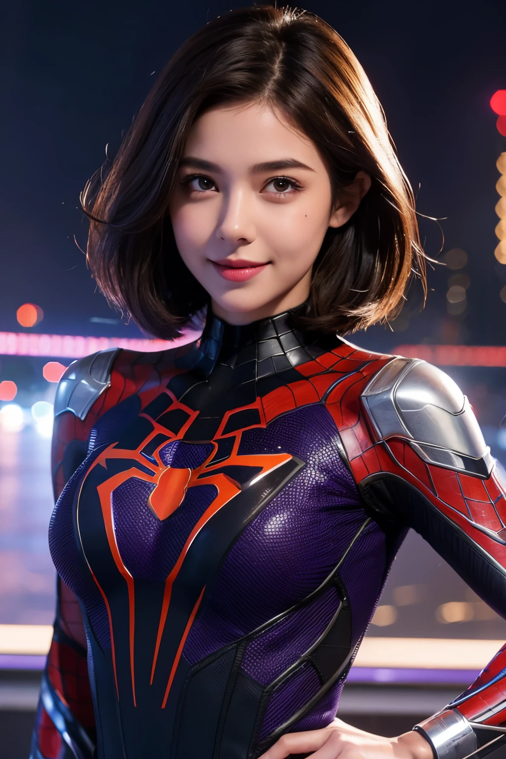 young girl, Short brown hair, Purple eyes, Spider-Man 2099 shape, Smile, cobweb, Lightning, Masterpiece, High quality