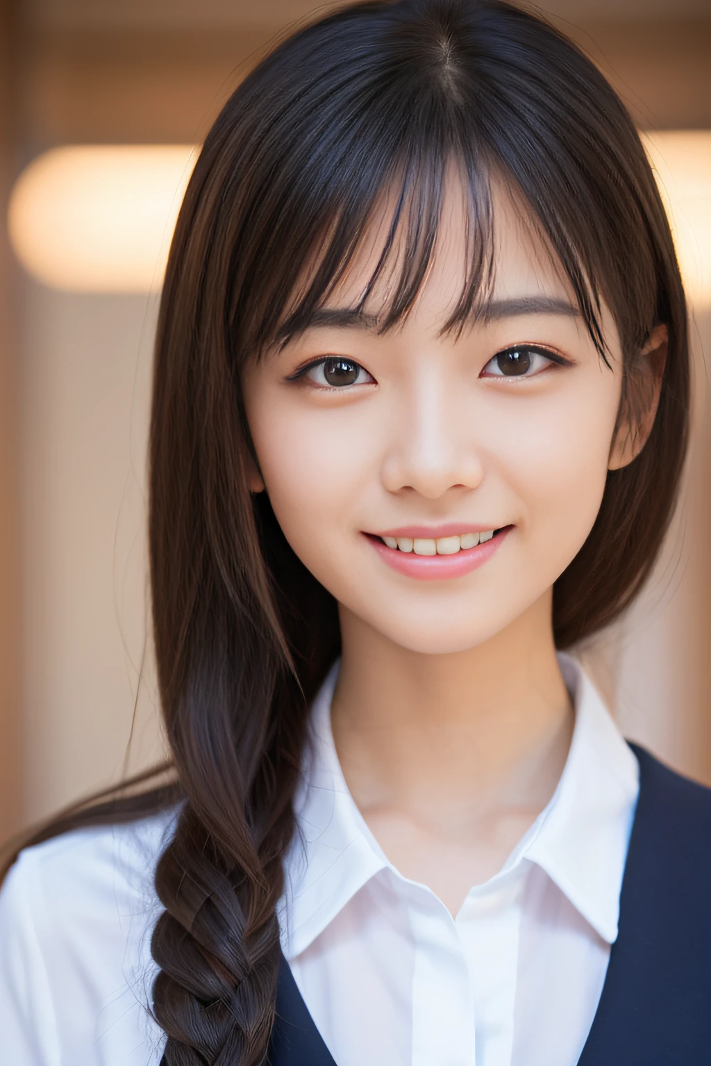 Japanese schoolgirl),((Beautiful girl)),cleavage,((schoolroom)),the expression imagining what feels good:1.2,(perfect body beauty:1.2),((perfect body)),(shy smile),beautiful teeth,