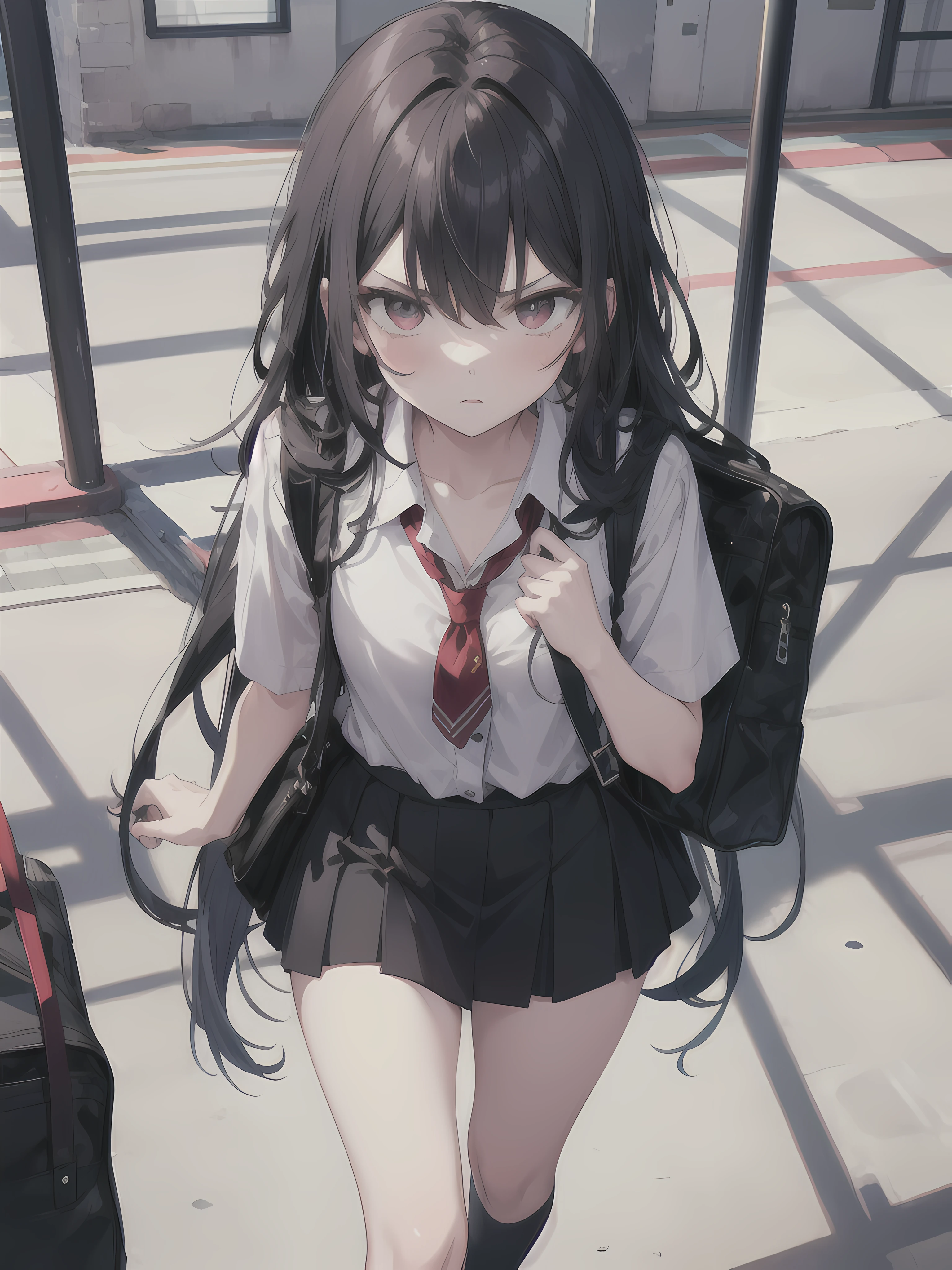 A girl at school, frontal view, with long black hair, wearing a black short skirt and carrying a bag. She has an angry expression and is showing abusive behavior. The image should be super detailed and high resolution, with a 4k quality.