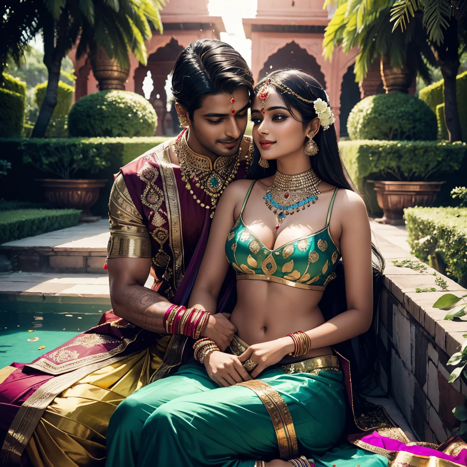 Sexy Indian young Woman wearing sexy lehenga, sitting on lap of clean shaved romantic man (lord Krishna) ( no clothes above waist), making out, aggressively, Indian traditional dress, Krishna and Radha, in a garden, butterflies and peacocks in the garden, smiling each other