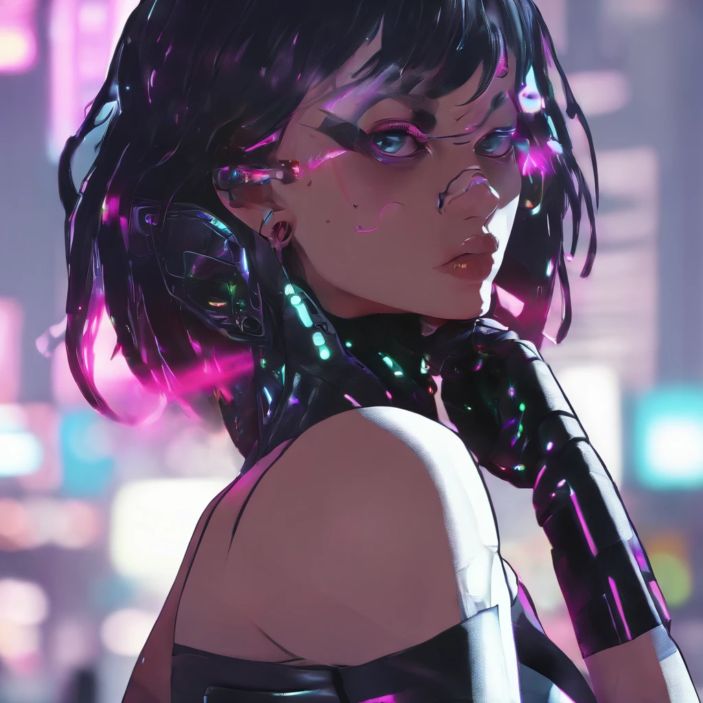 A girl with blackhair, with blue cyberpunk outfit, in a colorful meadow, at night
