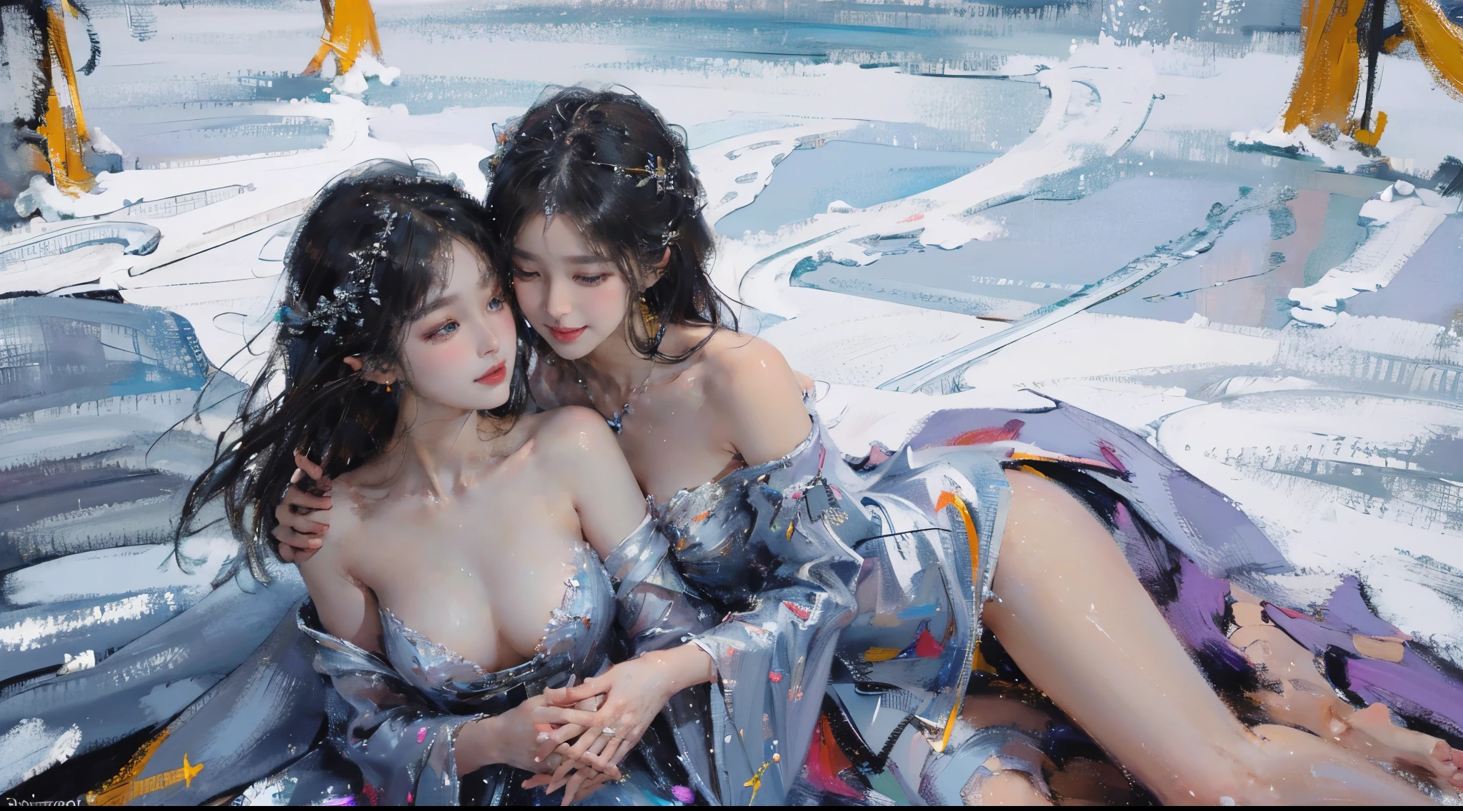 (2 girls),((Yuri))),((Eye contact))),(Look at each other),dancing in the snow, natta,Fireworks show and sea of lights,girl, ,(Best quality at best), ((tmasterpiece)), (A high resolution), pay,Perfect mature female figure, slim toned body,Original, mediuml breasts,High detail 8K wallpaper, Sweated,Wet hair,(very delicate beautiful),Contour deepening, realistically, Precise geometry, Complicated details,Smiling, long, floated hair, Rises with the wind, Snowflake colorful gift,Close-up cleavage,((Sexual suggestiveness)),,(Fechin Oil Painting - Fechin Oil Painting , oil painted), from knees to head,