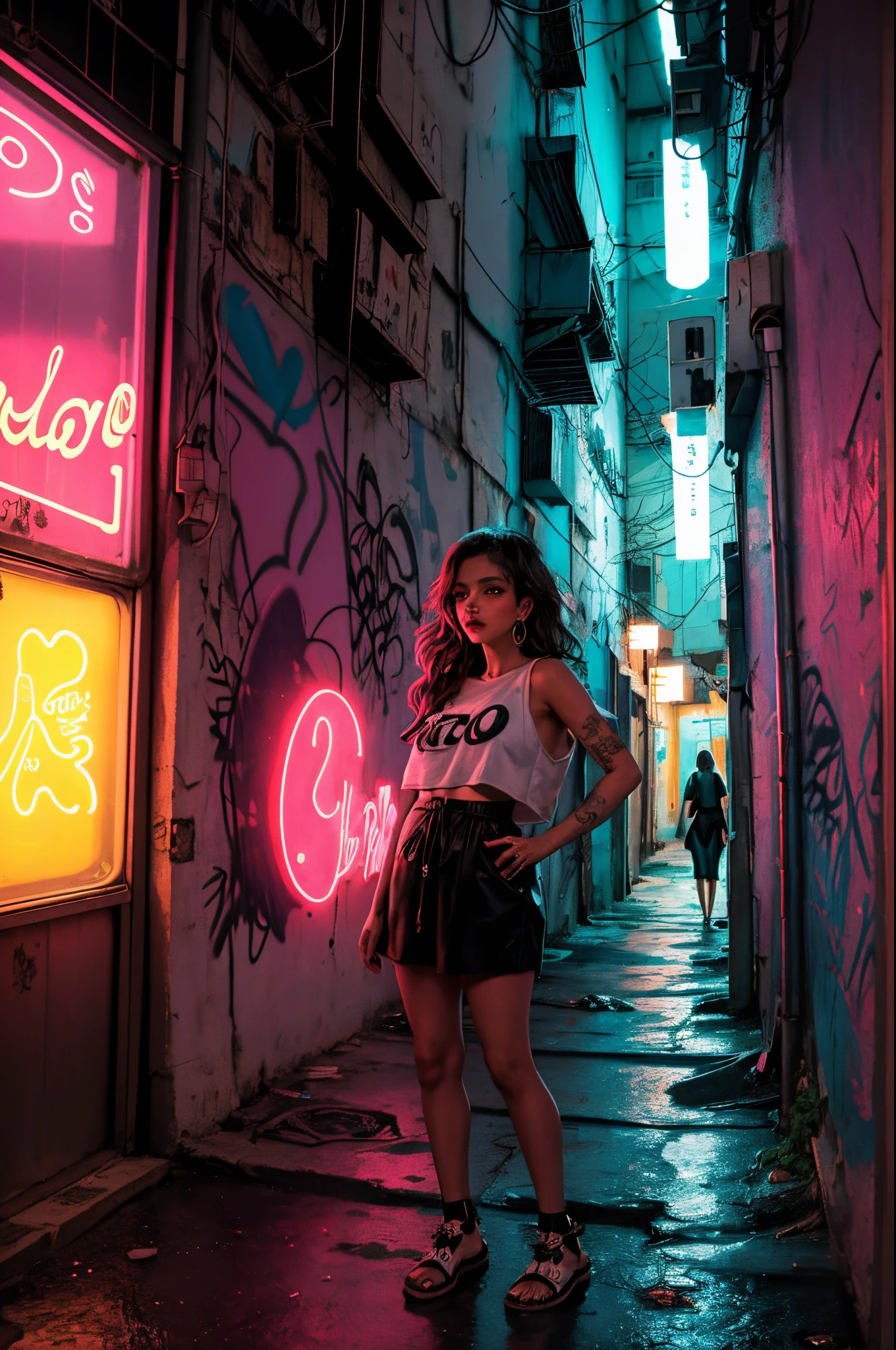 amigas em um beco escuro e sujo, with graffiti on the walls. se beijando. panorama shot. Noite escura e chuvosa, where the only source of light is neon. Imagem no estilo neo noir