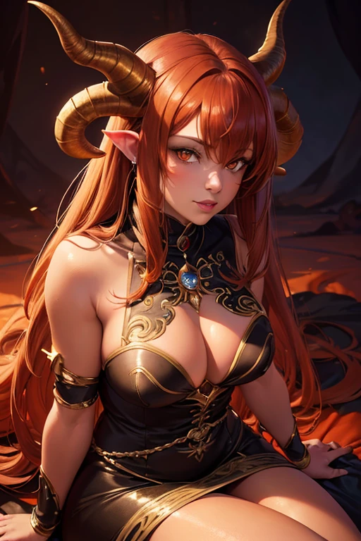 (best quality, highres:1.2), ultra-detailed, (ultra realistic:1.37), portraits, anime, orange eyes, brown hair, demon girl, horns, red skin, meru, medium breasts, Shasha Foxx, vibrant colors, soft lighting, mystical ambiance wide eyes, sitting, lustful, dungeon background