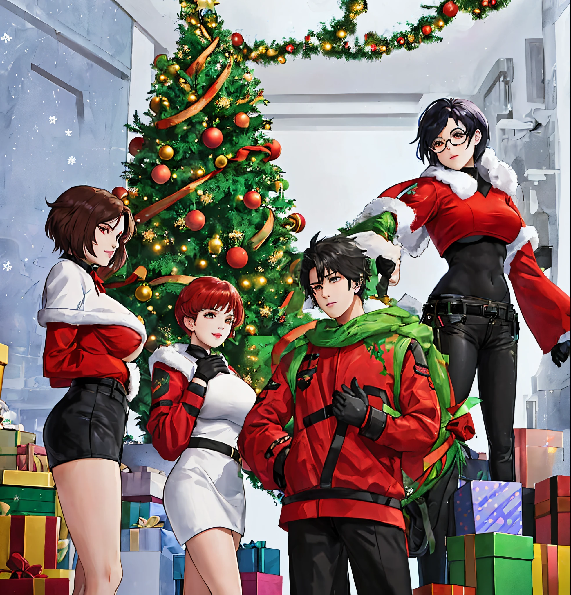 4 friends wearing Christmas outfits, two boys, two girls. Anime style, all in front view, a big Christmas tree behind them. 

One boy with long black hair, glasses 
And 

2nd boy with short black hair. 

One girl with short short black hair with glasses, muscular, skinny and small boobs. Has a spider tattoo on her hip. 

2nd girl has short red hair, red glassss, big boobs, chubby, and has a sleeve tattoo on right arm.