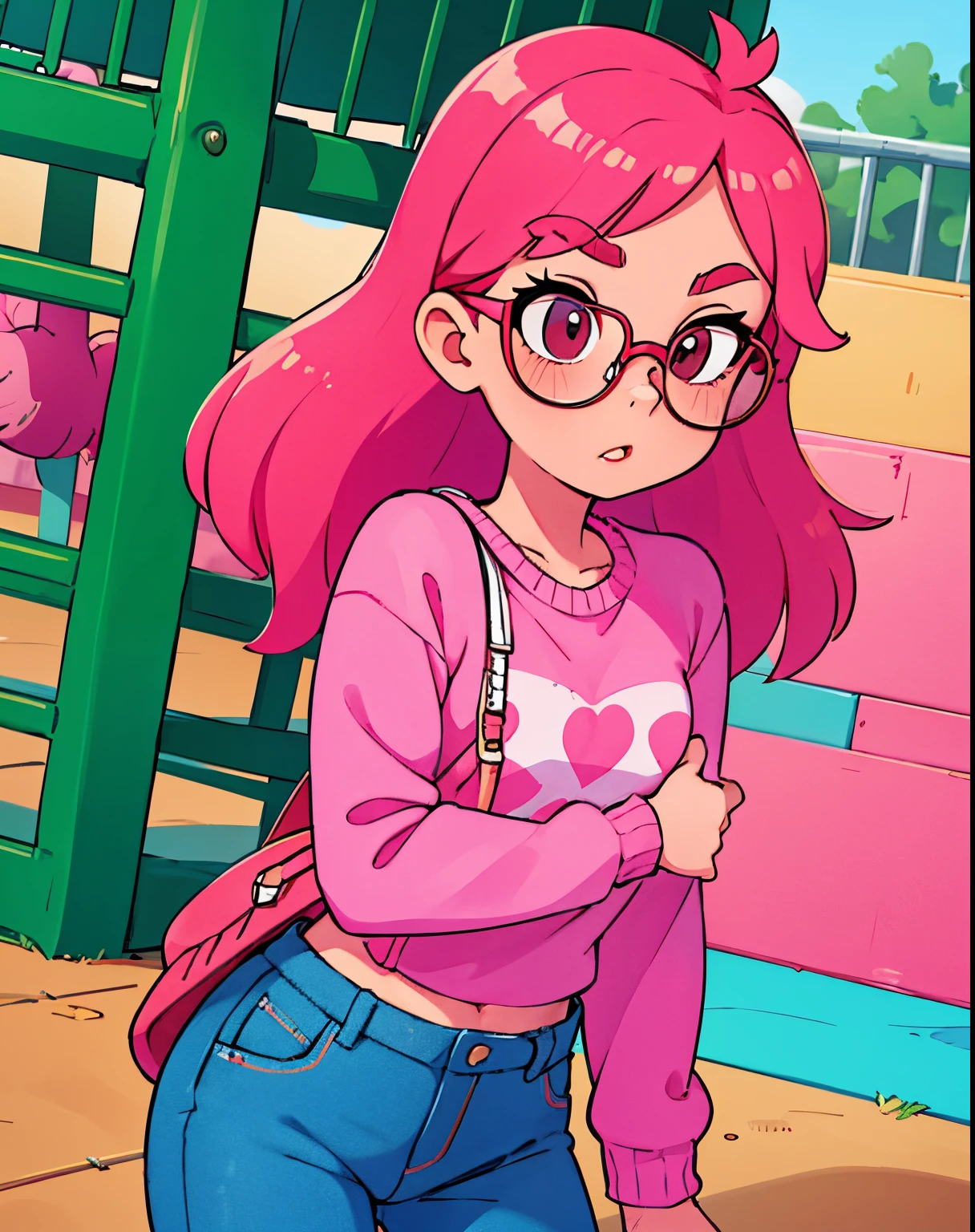 Girl wears glasses,denimpants with pinksweater,In the playground