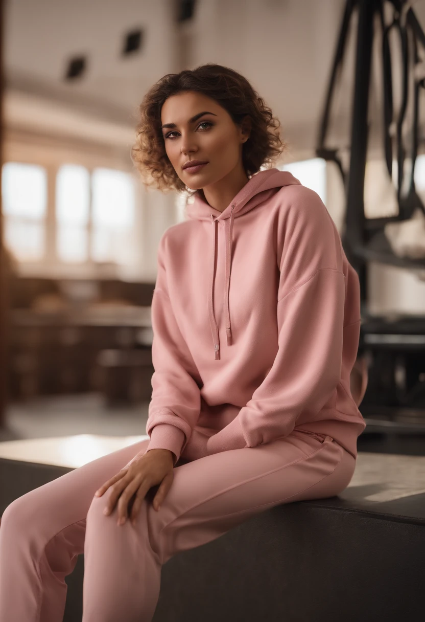 Woman Arafida, (tmasterpiece: 1.3), (8K, Realistisch, photo in RAW format, beste-Qualit: 1.4), beste-Qualit, hight resolution, tmasterpiece, best detail, 8K, 3D model wearing a pink sweatshirt and pants, made in a soft style, face detail, a mulatto, Floor length, Fantastic quality, feminine exuberance, boring photo, no inscriptions or logos