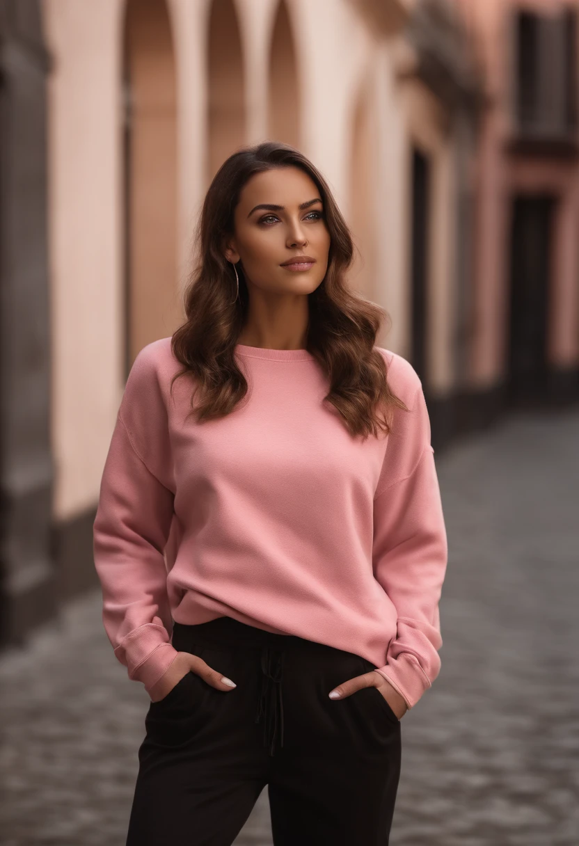 Arafida woman, (tmasterpiece: 1.3), (8K, Realistisch, photo in RAW format, beste-Qualit: 1.4), beste-Qualit, hight resolution, tmasterpiece, best detail, 8K, 3D model wearing a pink sweatshirt and pants, made in a soft style, face detail, a mulatto, Floor length, Fantastic quality, feminine exuberance, boring photo, no inscriptions or logos