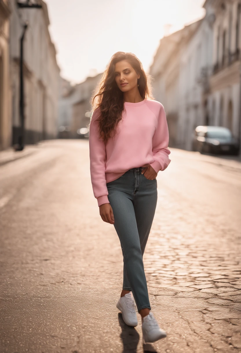Woman Arafida, (tmasterpiece: 1.3), (8K, Realistisch, photo in RAW format, beste-Qualit: 1.4), beste-Qualit, hight resolution, tmasterpiece, best detail, 8K, 3D model wearing a pink sweatshirt and pants, made in a soft style, face detail, a mulatto, Floor length, Fantastic quality, feminine exuberance, boring photo, no inscriptions or logos