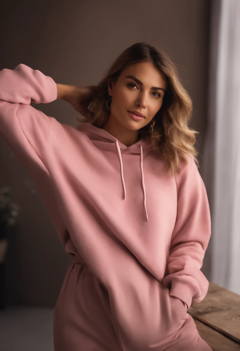 Woman Arafida, (tmasterpiece: 1.3), (8K, Realistisch, photo in RAW format, beste-Qualit: 1.4), beste-Qualit, hight resolution, tmasterpiece, best detail, 8K, 3D model wearing a pink sweatshirt and pants, made in a soft style, face detail, a mulatto, Floor length, Fantastic quality, feminine exuberance, boring photo, no inscriptions or logos