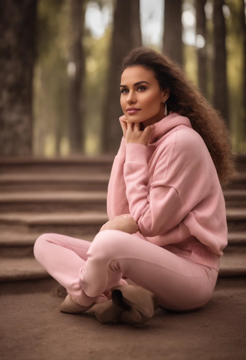 Arafida woman, (tmasterpiece: 1.3), (8K, Realistisch, photo in RAW format, beste-Qualit: 1.4), beste-Qualit, hight resolution, tmasterpiece, best detail, 8K, 3D model wearing a pink sweatshirt and pants, made in a soft style, face detail, a mulatto, Floor length, Fantastic quality, feminine exuberance, boring photo, no inscriptions or logos