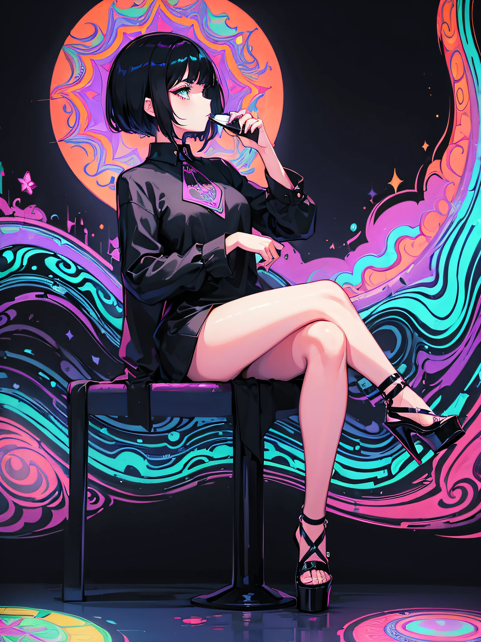 (((Psychedelic Noir))), Girl with old school hair, basic black dress, platform heels, sitting in profile with legs crossed, drinking a cup of coffee steaming out,