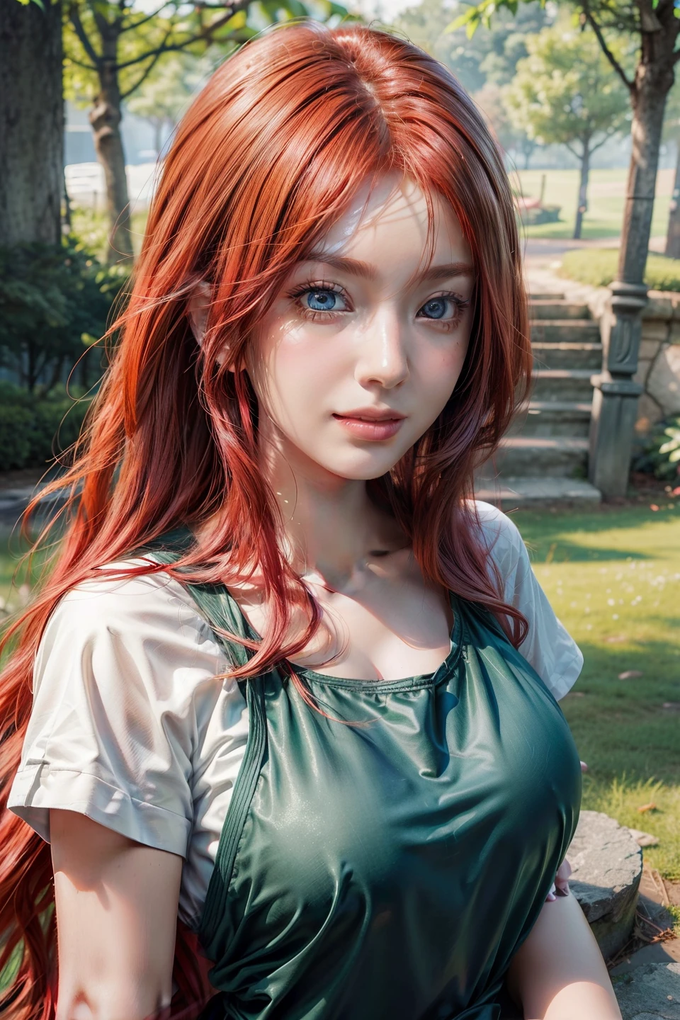 1girl, uzumaki kushina in anime naruto, long hair, red hair, blue eyes, smile, beautiful, sexy dress, sexy clothes, green clothes, very big breast, realistic clothes, detail clothes, outdoor background, ultra detail, realistic ,perffect realistic , high eyes , paste detail .