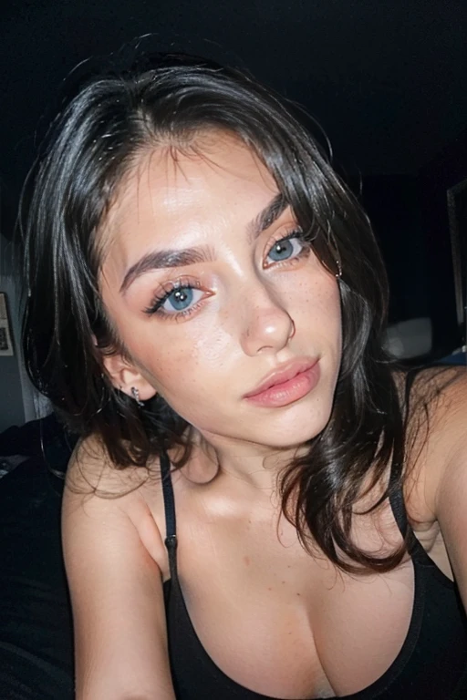 Very intimate photo, private photo, (((midnight))) (((very dark scene))), italian bedroom, duvet, midnight, (((flash light from the phone))), dynamic angle. Stunning Gaia Nobile. (((Taking a selfie, fisheye effect, eyefish))), 18 years old, blue eyes, large chest, she is lying under the covers (((wearing a large black tanktop, we see the cleavage), e is sending a kiss to the camera amazing details, (((perfect anatomy, astonishing, super accurate, hyper detailed, 32k, fullhd quality, photo taken with an Canon EOS 70mm, ISO200, f1.4