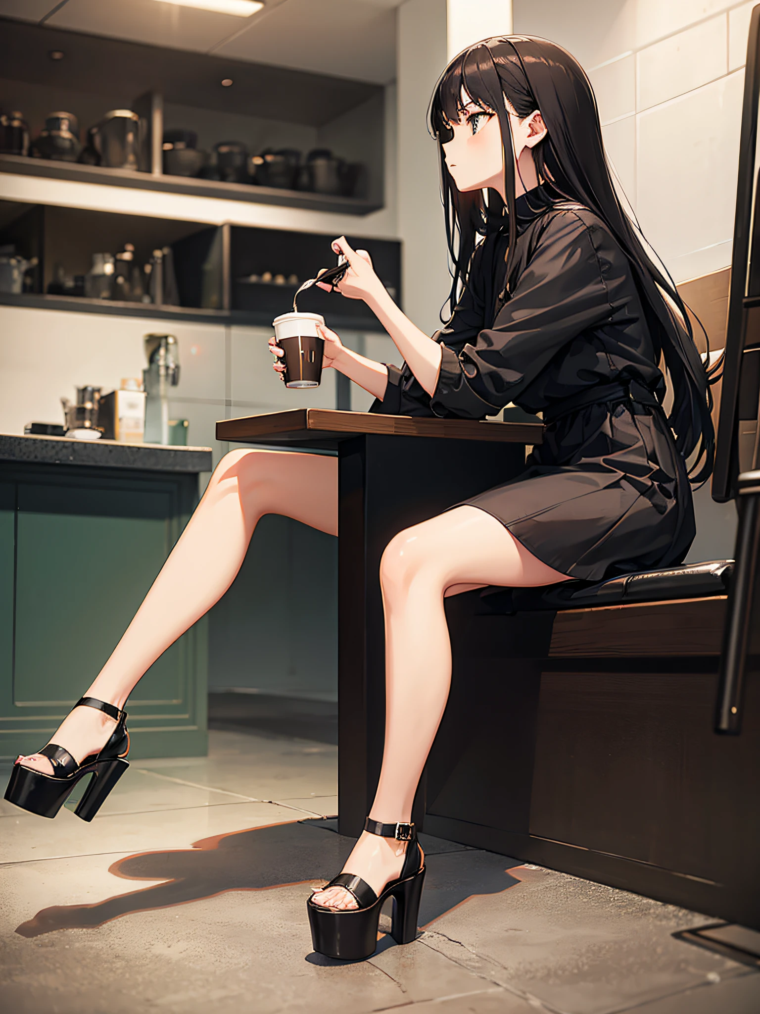 Girl with old school hair, basic black dress, platform heels, sitting in profile with legs crossed, drinking a cup of coffee steaming out,