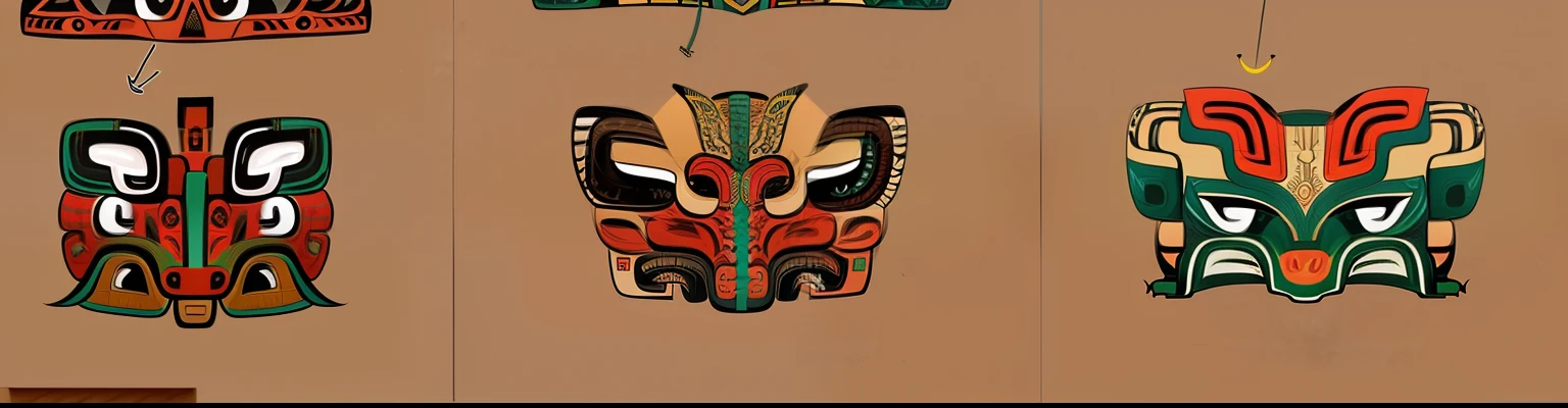 Close-up of various drawings of different designs, quetzecoatl&#39;s art style, the ancient symbols behind it, Tribal mask inside the mask, West African mask pattern style, ancient tribal imagery, Tlingit Haida lithography, totem 2, delicated face, mayan style, Aztecs, tribal mask, crocodile reptilian motifs