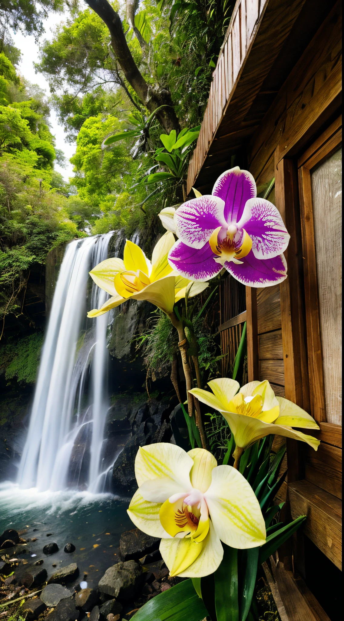 wide angle photograph of a large and bountiful orchid and wild blossoms arrangement being displayed:: flowers are art nouveau:: flowers are vibrant and beautiful, flowers are mostly golds, ochre yellows, crimson reds, violets and muted pinks:: flowers are made of crumpled paper and silk:: 8k high resolution --ar 2:3 --s 750floating island in the clouds, nice weather, trees, a wooden house, waterfall