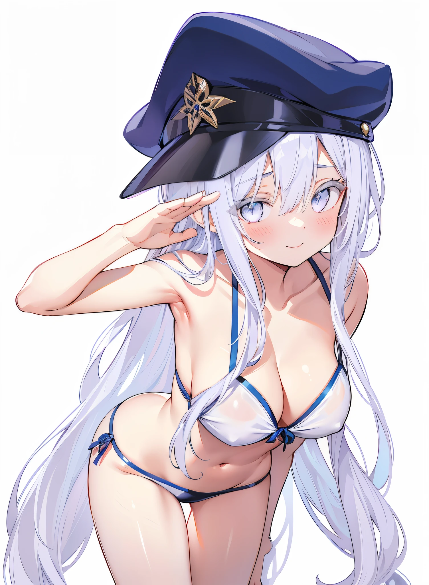 Leaning forward、saluting、silver light purple gradation hair、Long straight hair with gentle waves、hairs between eyes、White eyes、White lashes、radiant eyes、Seductive smile、White Crisscross Bikini、competition swim suit、medium breasts、flat-chest、Healthy body、Military Cap、