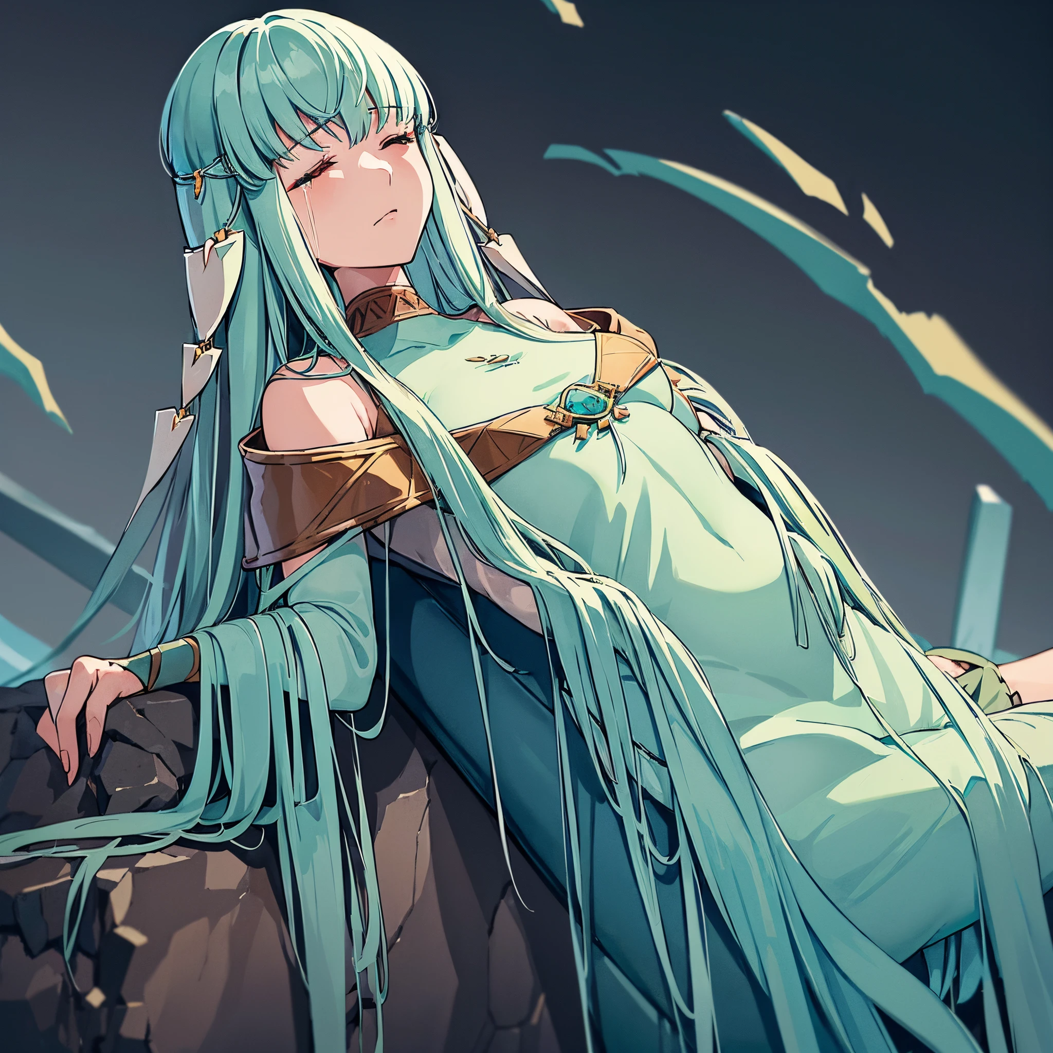 Ninian is lovingly languid in a crater after losing a tough battle, lieing lifeless and inert on debris, rubble, and weapons with torn pieces of fabric out of her dress. Her blue dress, despite being whole, has many rips and tears. She cannot move from her prone position lieing on her back, unable to open her eyes or breath. (Ninian), (blue hair, blue eyes, large shapely breast, long hair, clammy and damp face), (Dress), (long blue drenched dress, bare shoulders, more small jewlery, ripped and torn dress, languid in a dark grey murky field, anguished facial expression, closed eyes) (anguished closed eyes:1), (Ninian languid, prone on her back, defeated in rubble and weapons:1.5), Ninian is listless and motionless in a dark grey foggy field:1.0, Ninian is sullied and dirty:1.2, ( Ninian lieing in debris and broken metal pieces:1.0), inside has rubble and many pieces of broken spears, blades, and shields covering Ninian, (4K quality, high quality, 4k quality Ninian and dress:1.0), (solo, one person, 1girl:1.5), ninian fe, red eyes, long dress, jewelry, dancer