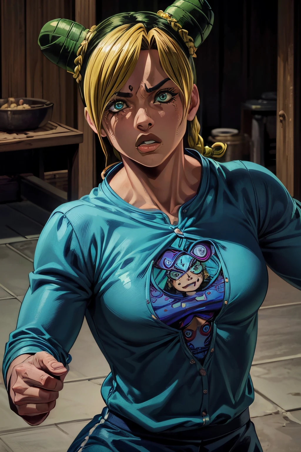 (best quality,ultra-detailed,realistic:1.37),jolyne cujo,brava,pose de kung fu,lutando,illustration,oil painting,vivid colors,dynamic lighting,eyes filled with determination,detailed muscles and body,action-packed scene,beautiful detailed lips,sharp focus,professional