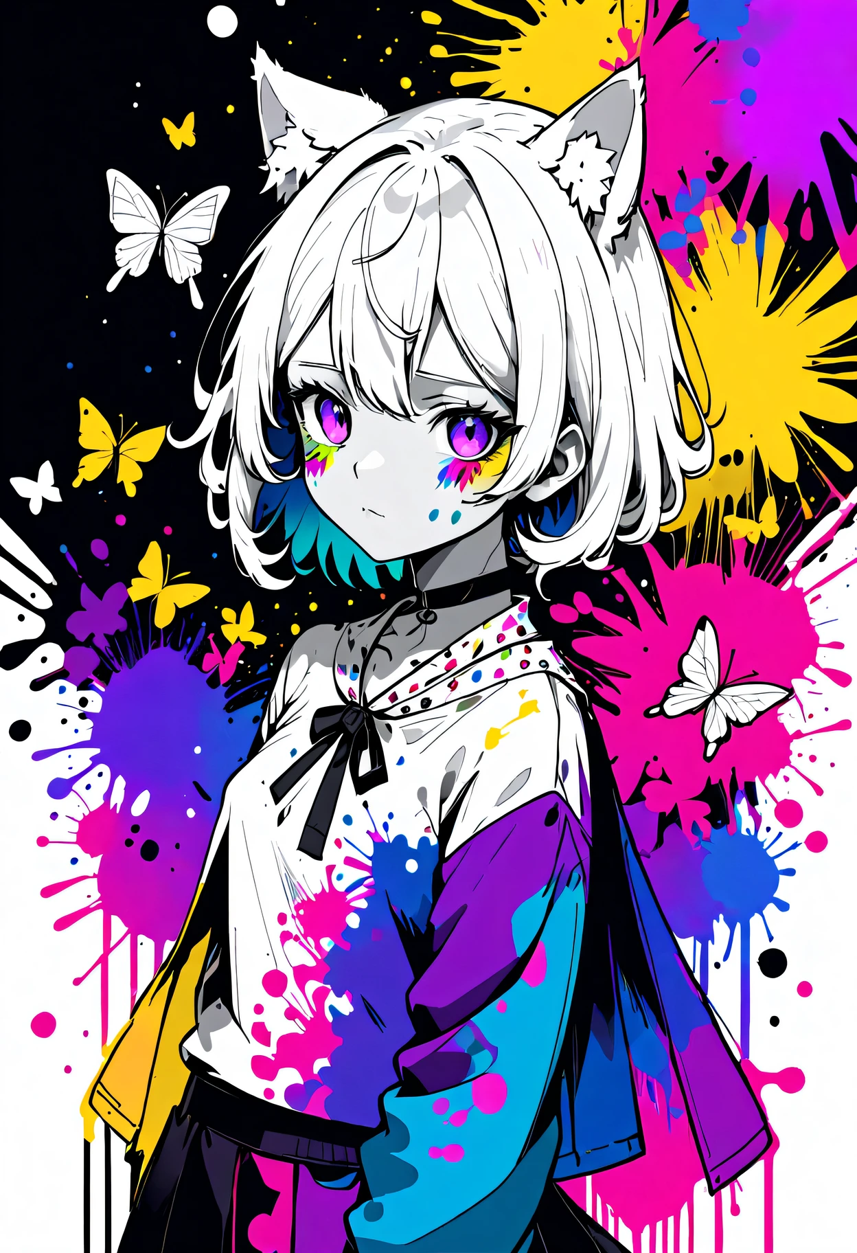 p best quality,master,masterpiece,//(fusion of limited color,Maximalism artstyle,Geometric artstyle,Butterflies),double exposure of flower and liquid, fussion of Fluid abstract art,glitch,//black and white painting,(full body:1.1),(sketch:1.3),(draft:1),scribbled lines,(colorful paint splatter:1.2), splatter,paint,ink,1girl,solo,hair tie,white hair,cat girl,lavender eyes,cat ears,choker,lavender serafuku,violets,lavender \(flower\),//white background//