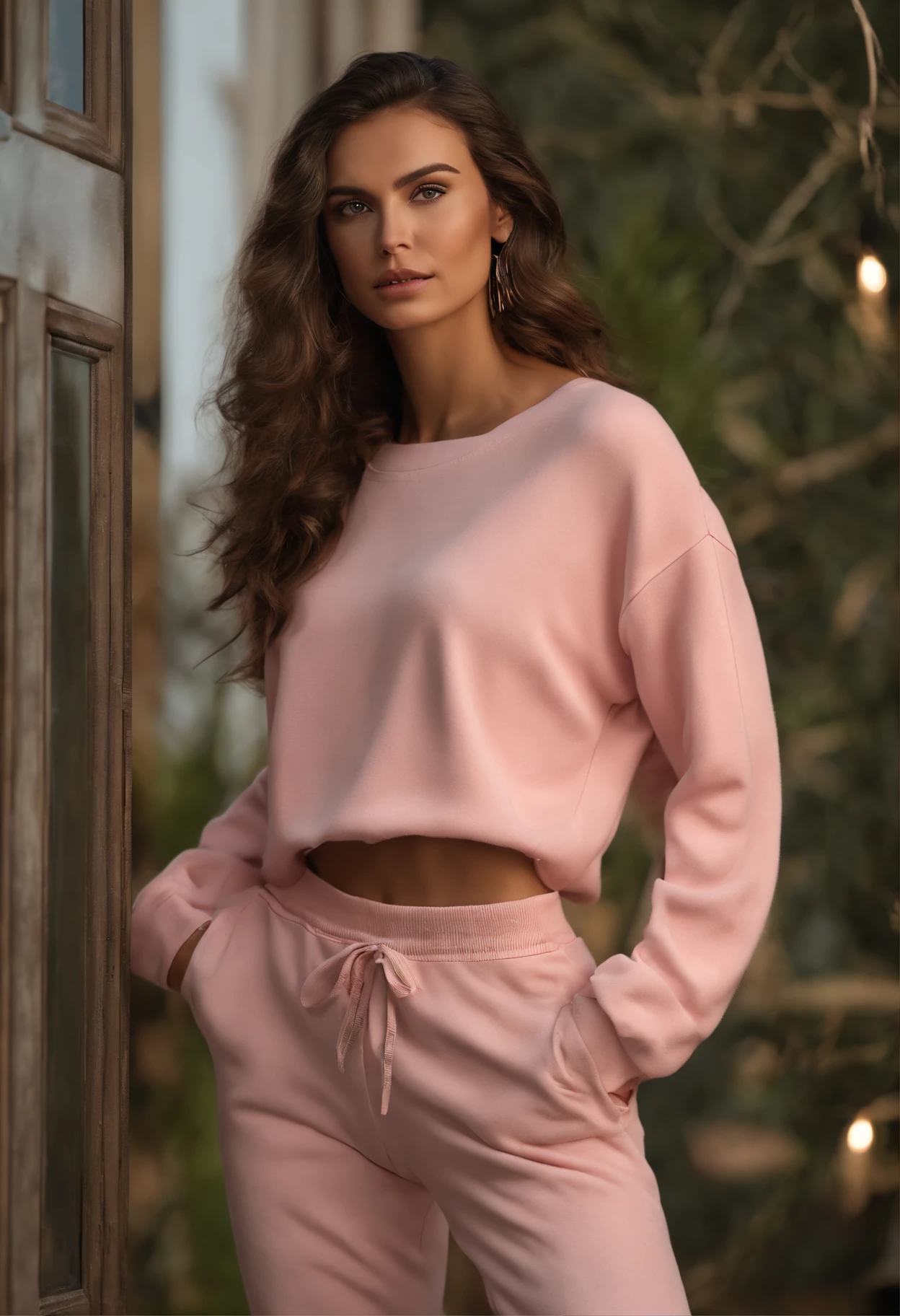 Arafida woman, (tmasterpiece: 1.3), (8K, Realistisch, photo in RAW format, beste-Qualit: 1.4), beste-Qualit, hight resolution, tmasterpiece, best detail, 8K, 3D model wearing a pink sweatshirt and pants, made in a soft style, face detail, a mulatto, Floor length, Fantastic quality, feminine exuberance, boring photo, no inscriptions or logos