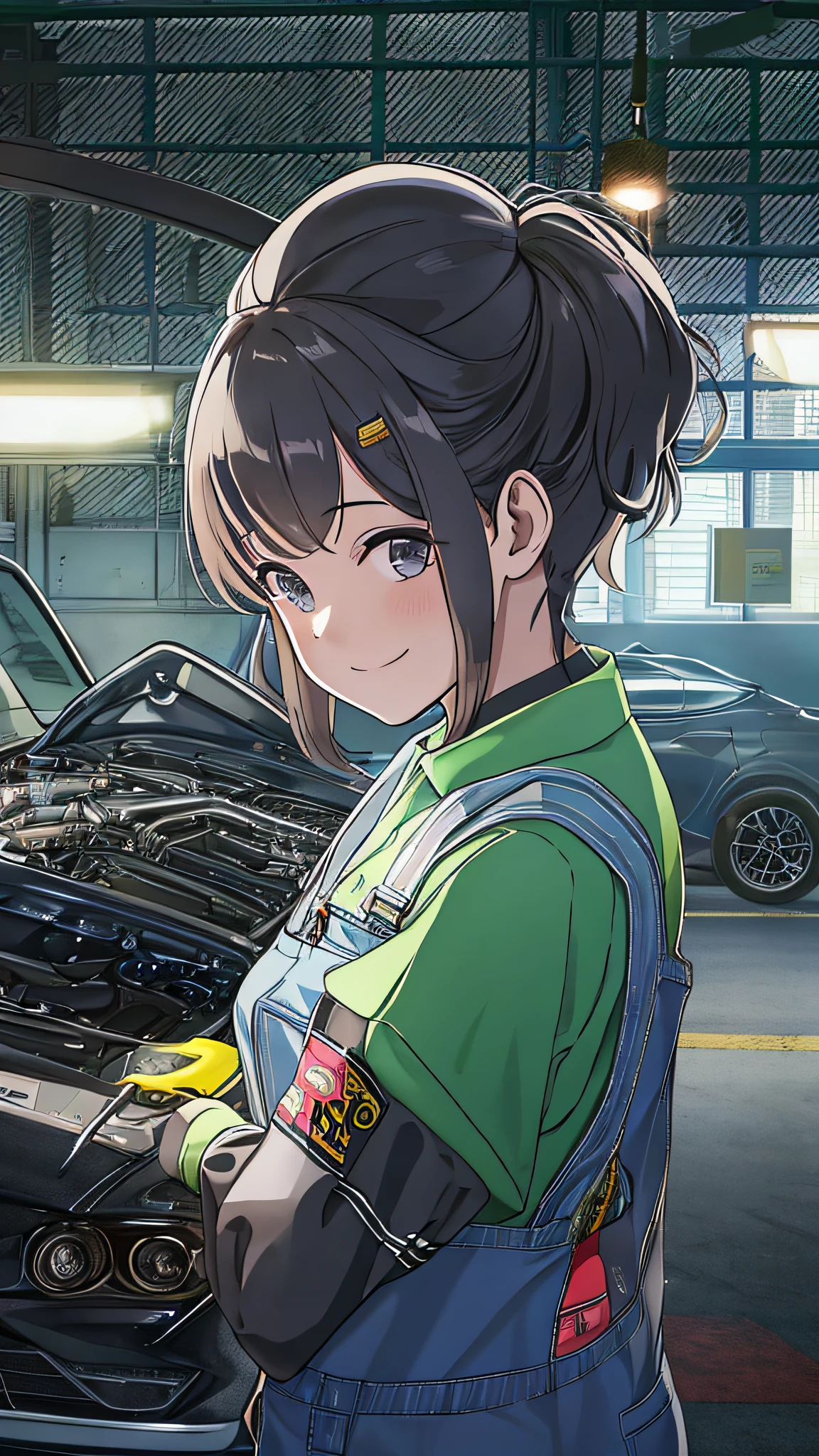 20-year-old woman working in a car repair shop、a smile、Coveralls、short-hair、sports car on the background、Backlight illumination