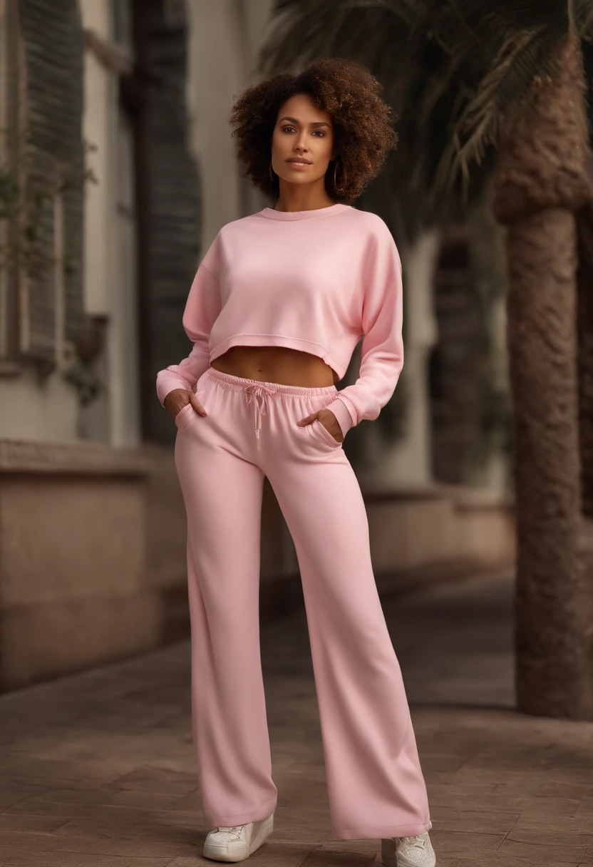 Arafida woman, (tmasterpiece: 1.3), (8K, Realistisch, photo in RAW format, beste-Qualit: 1.4), beste-Qualit, hight resolution, tmasterpiece, best detail, 8K, 3D model wearing a pink sweatshirt and pants, made in a soft style, face detail, a mulatto, Floor length, Fantastic quality, feminine exuberance, boring photo, no inscriptions or logos