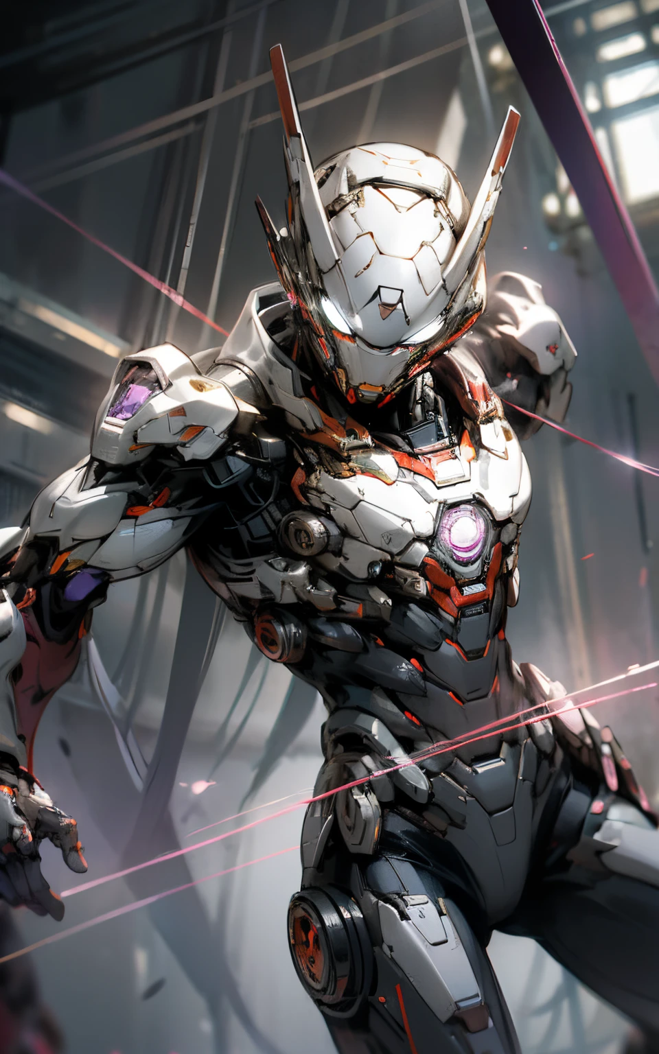 Best quality in 8k resolution, ultra-detailed Spider-Man images dressed in futuristic white and purple suit fused with Iron Man suit with metal mesh background. The focus is on detail, texture and light and shadow effects on the suit. Add a cyberpunk touch to the composition. The metaphor of a metal spider web in the background will add a stunning effect to the final image."