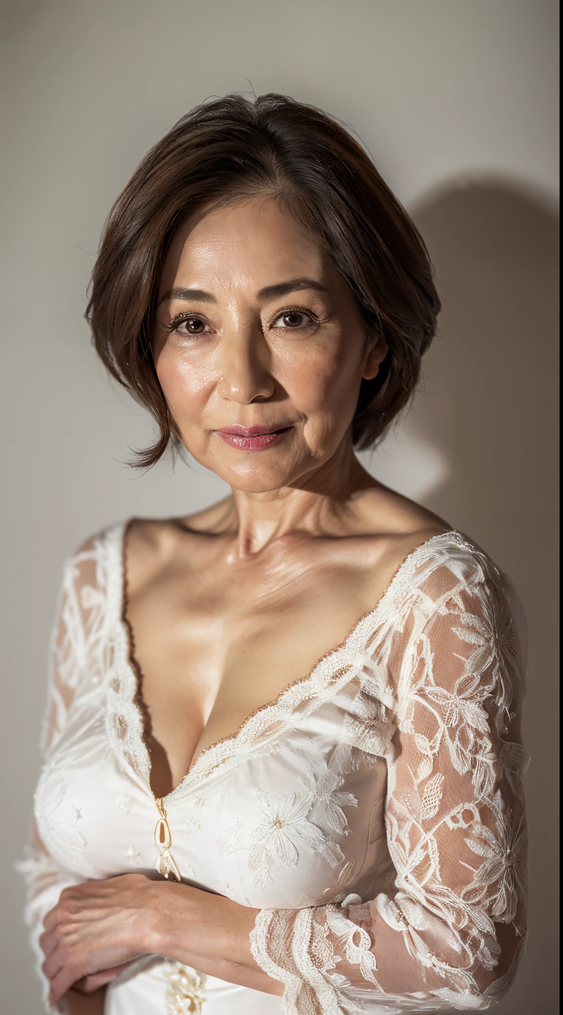 65 years old,(A MILF:1.2), a captivating gaze,long old gray hair,Brown eyes, (A lot of wrinkles on her face:1.4), (There are many wrinkles on her chest1.4),Old Woman, Detailed wrinkles (8K, High resolution,ultra-quality, An ultra-high picture quality,Ultrarealistic,Best Quality,masuter piece:1.2)(breasts are large,Large cleavage:1.1) ,(Old Woman in Japan) ,Sexy lingerie in black,eyes visible through hair, Proper eye position,Cinematic Light,Soft light,lower back,Night time,Soft moonlight,detailed color graded background,Convoluted, ighly detailed,8K,Overall silhouette,Bedrooms,Looking down