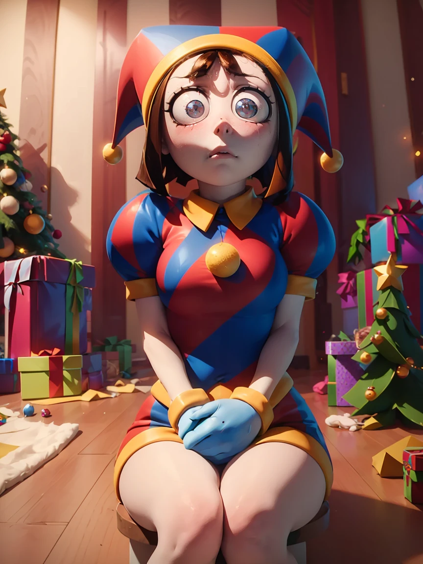 (master piece: 1.1), (pomni), 1girl, mature female, emphasis_face, detailed face, (detailed colored eyes), puffy sleeves, symbol-shaped pupils, (shy), anime character, gloves red and blue, (embarassed), arms and hands at your sides, brown hair, very details on face, short hair, living room, table, sitted, (christmas theme room), christmas tree, cowboy shot, christmas_background