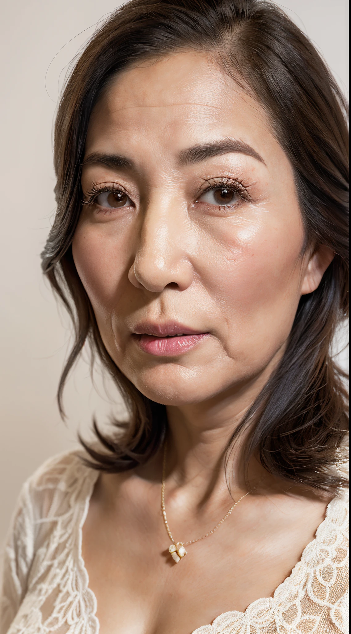 (((Japanese 68 year old mature woman))),top-quality, masterpiece, hight resolution, Photorealsitic, Raw photography, flawless, profetional lighting, ighly detailed, depth of fields,toilet room, (((68-year-old))), (((Wrinkles on the face))),(Nasolabial folds on the face),(((There are stains on the body))) chubby figure, Female sexy, Detailed face, beautidful eyes, bangss,(((droopy chest))), Straight light brown hair that reaches to the shoulders, Faint lips, ((stand facing forward、Staring at the viewer'serious face eyes.)),Black bra, Black panthee,a necklace,(full bodyesbian),(((opening legs))),