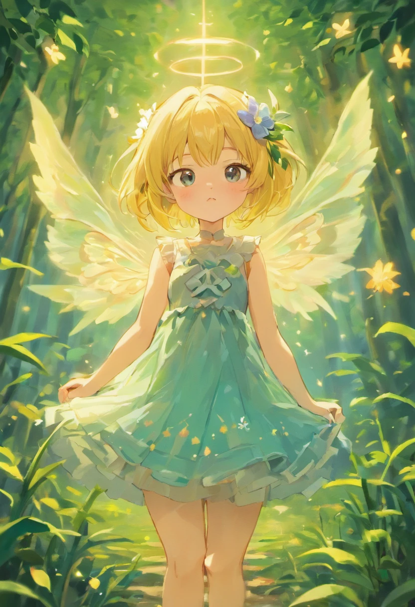 at a forest，night moon，Mini cute 3  flower fairy, Chubby，Skirt made of petals，huge flower，colorful colorful，Transparent colorful wings, Magic wand，Close-up cleavage，Light attenuation，glowing effect，depth of fields，to emphasize，Real light，ray traycing，oc rendered，hyper realisitc，Best quality，8K，Works of masters，ultradetailed，Detailed pubic hair，Correct anatomy，Eyes in focus，bokeh，Facial features are carefully drawn，in style of hayao miyazaki，Miyazaki animation style