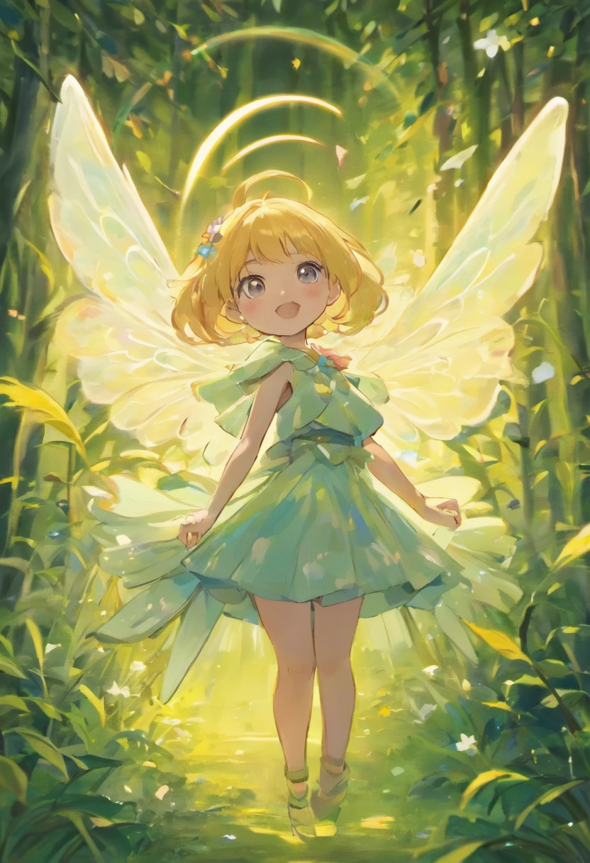 at a forest，night moon，Mini cute 3 year old flower fairy, Chubby，Skirt made of petals，huge flower，colorful colorful，Transparent colorful wings, Magic wand，Close-up cleavage，Light attenuation，glowing effect，depth of fields，to emphasize，Real light，ray traycing，oc rendered，hyper realisitc，Best quality，8K，Works of masters，ultradetailed，Detailed pubic hair，Correct anatomy，Eyes in focus，bokeh，Facial features are carefully drawn，in style of hayao miyazaki，Miyazaki animation style