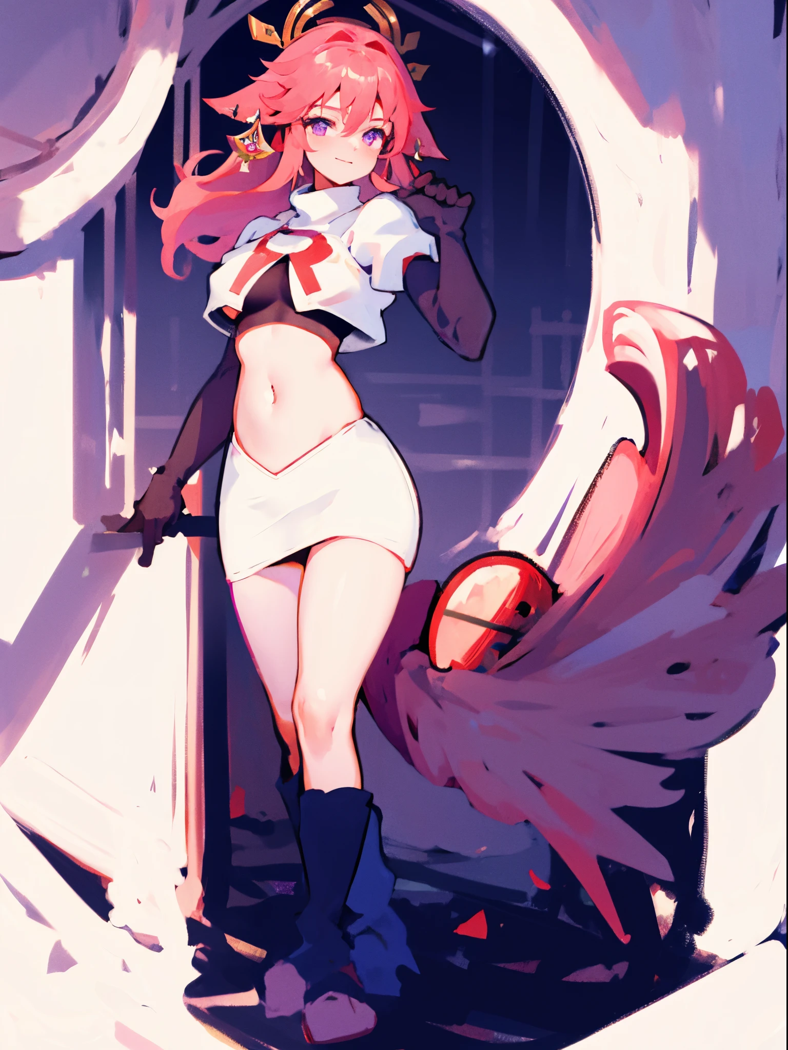 yae miko, 1girl, \n/, animal ears, breasts, earrings, flower, fox ears, gem, hair between eyes, hair ornament, jewelry, long hair, medium breasts, miko, pink eyes, pink flower, pink hair, purple gemstone, sidelocks, team rocket,team rocket uniform,white skirt,crop top,black thigh-high boots,black elbow gloves,