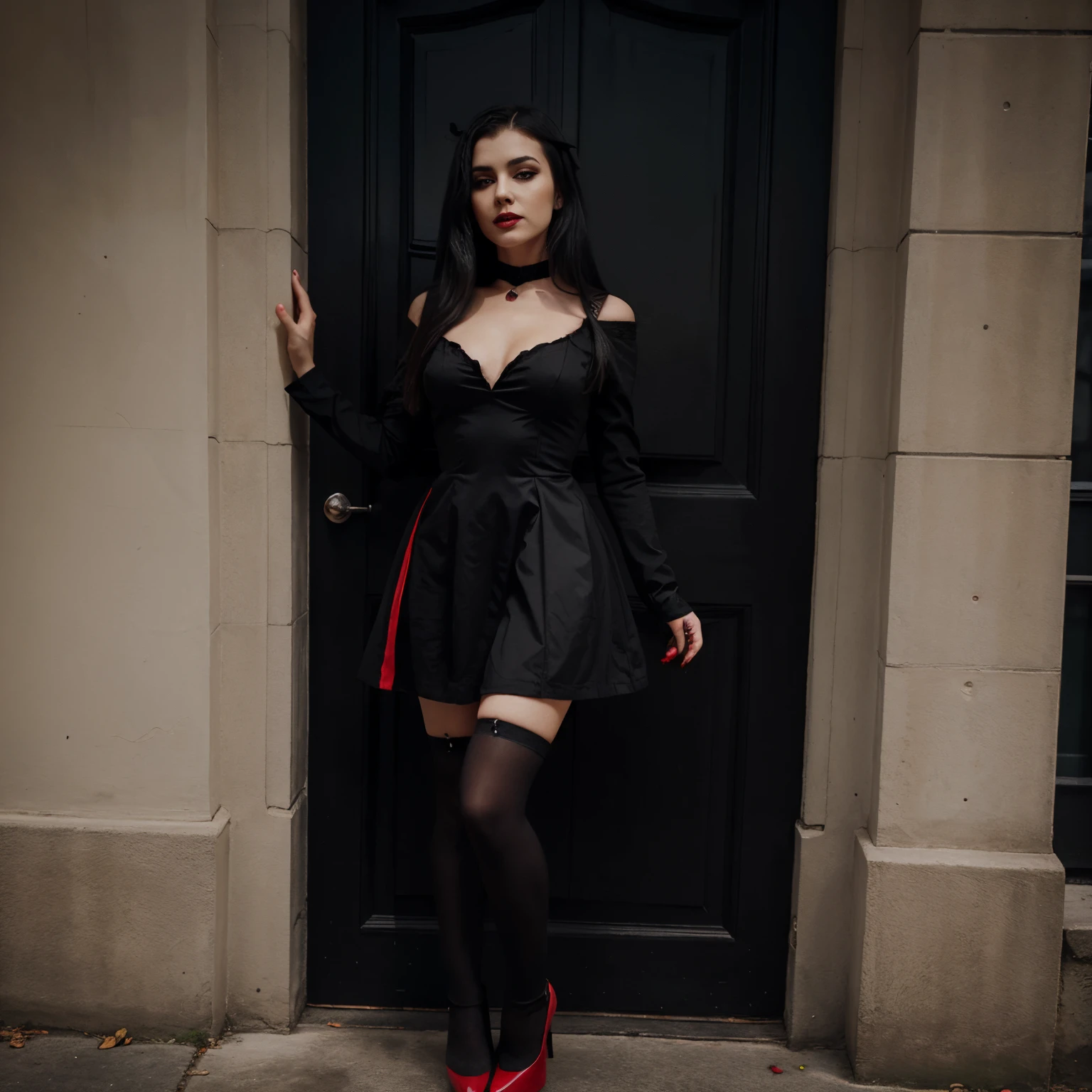 Vampire girl, black dress with black and red high heels and black stockings.