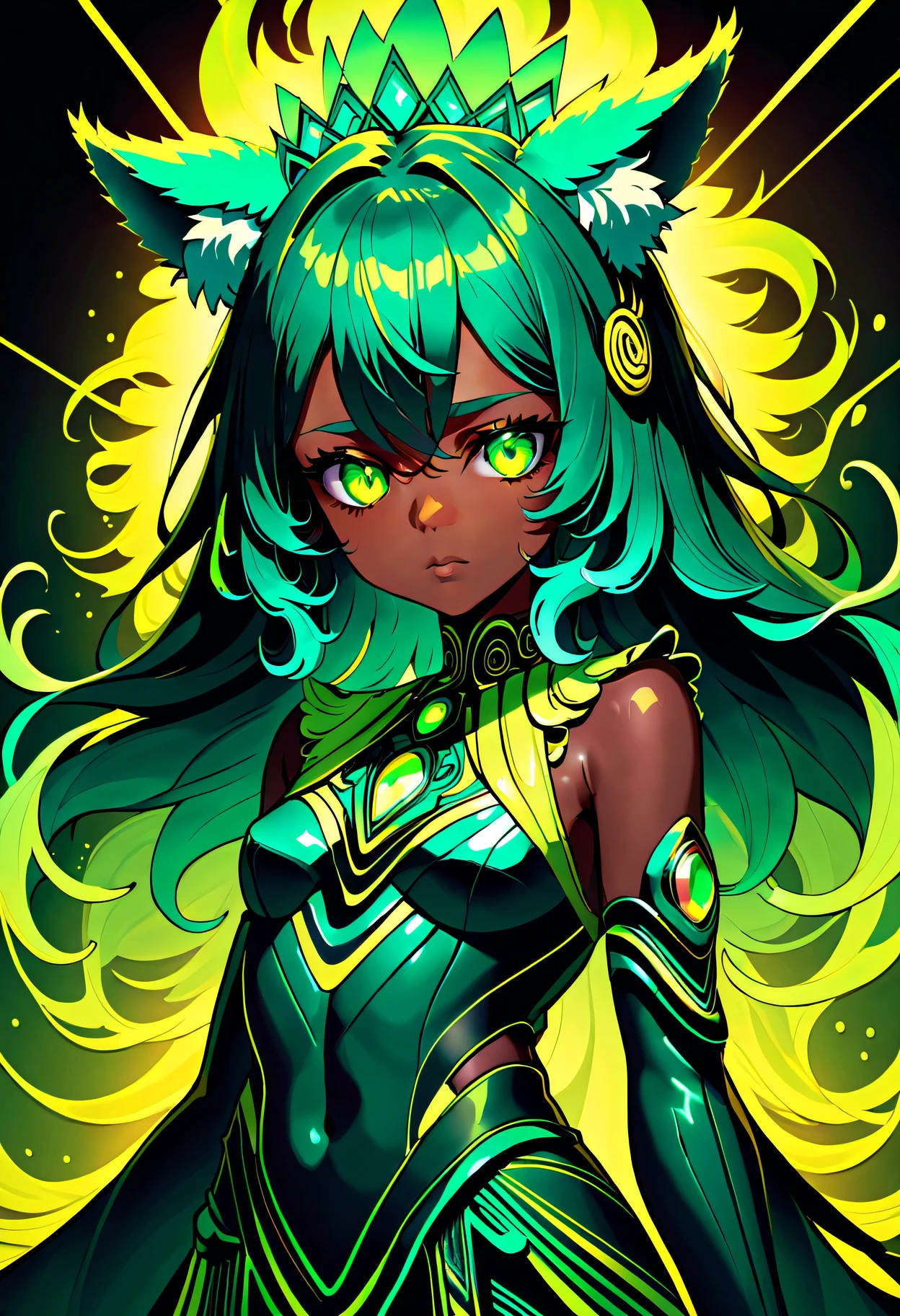 (abstract art:1.2), fractal art, psychedelic art, (style of Stanley Greene:1.18), Chartreuse green theme, dark theme, 1girl, embers, animal ear fluff, (neon color), hyper fusion, cyber, tribal headdress, confident expression, dark teal accent, masterpiece, best quality, ultra high res, professional art, highly detailed, beautiful aesthetic, ethereal, atmosphere, (fisheye:1.18), (dark skin, dark-skinned female), emotional, looking at viewer, absolute, (righteous:1.2), (heat haze), (wavy lines:1.3), Technological Wonders aesthetic, doubtful, (pov)