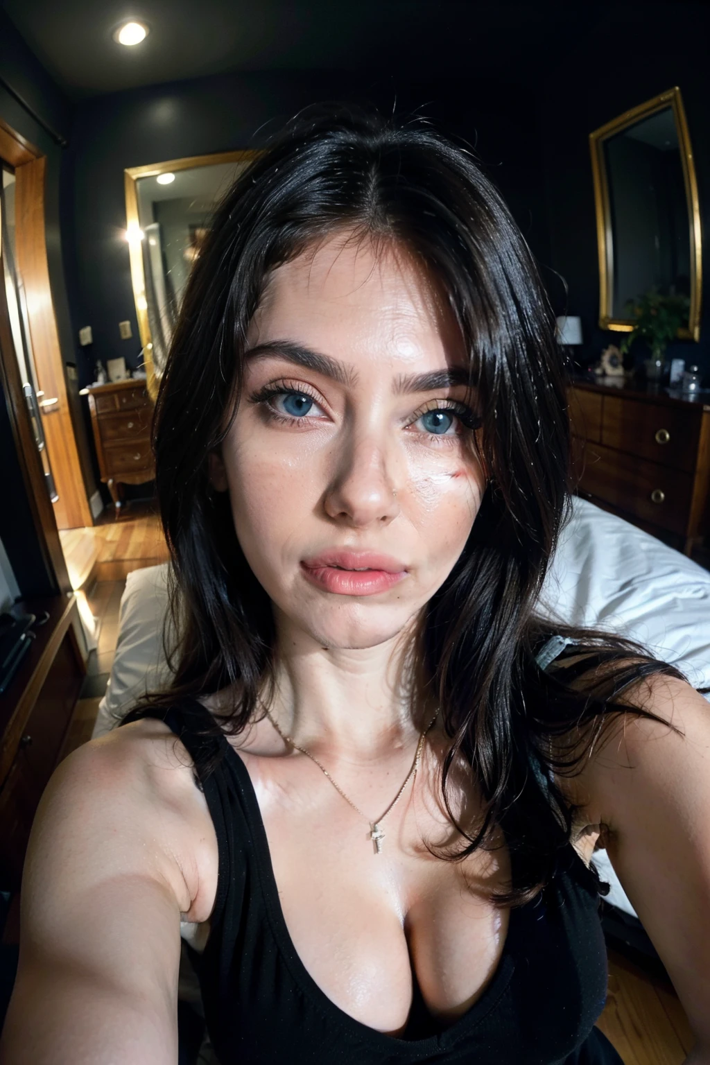 Very intimate photo, private photo, (((midnight))) (((very dark scene))), italian bedroom, duvet, midnight, (((flash light from the phone))), dynamic angle. Stunning Gaia Nobile. (((Taking a selfie, fisheye effect, eyefish))), 18 years old, blue eyes, large chest, skin imperfections1.33,  reallytiredeyes,  natural skin ((( she is lying under the covers))) (((wearing a large black tanktop, we see the cleavage), e is sending a kiss to the camera amazing details, (((perfect anatomy, astonishing, super accurate, hyper detailed, 32k, fullhd quality, photo taken with an Canon EOS 70mm, ISO200, f1.4