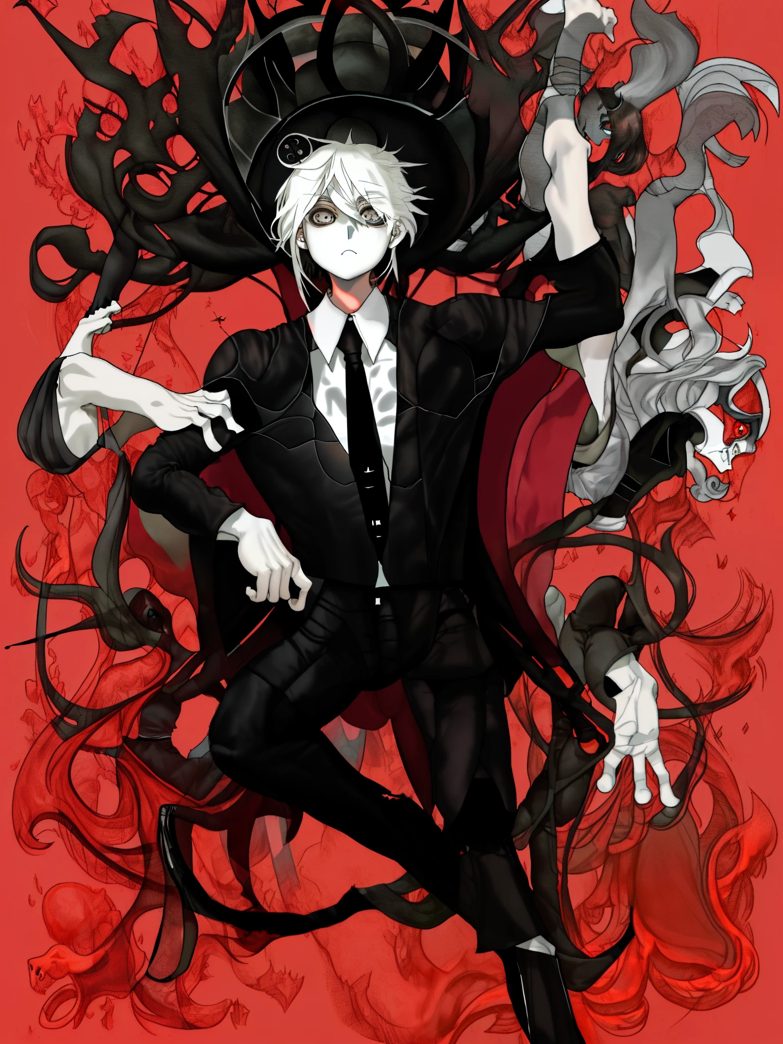 1boy, 1eye only, white hair, red eye, black sash shirt, white shirt, black sleeves, black pants, red tentacles in back, mechanical tentacle, looking on side