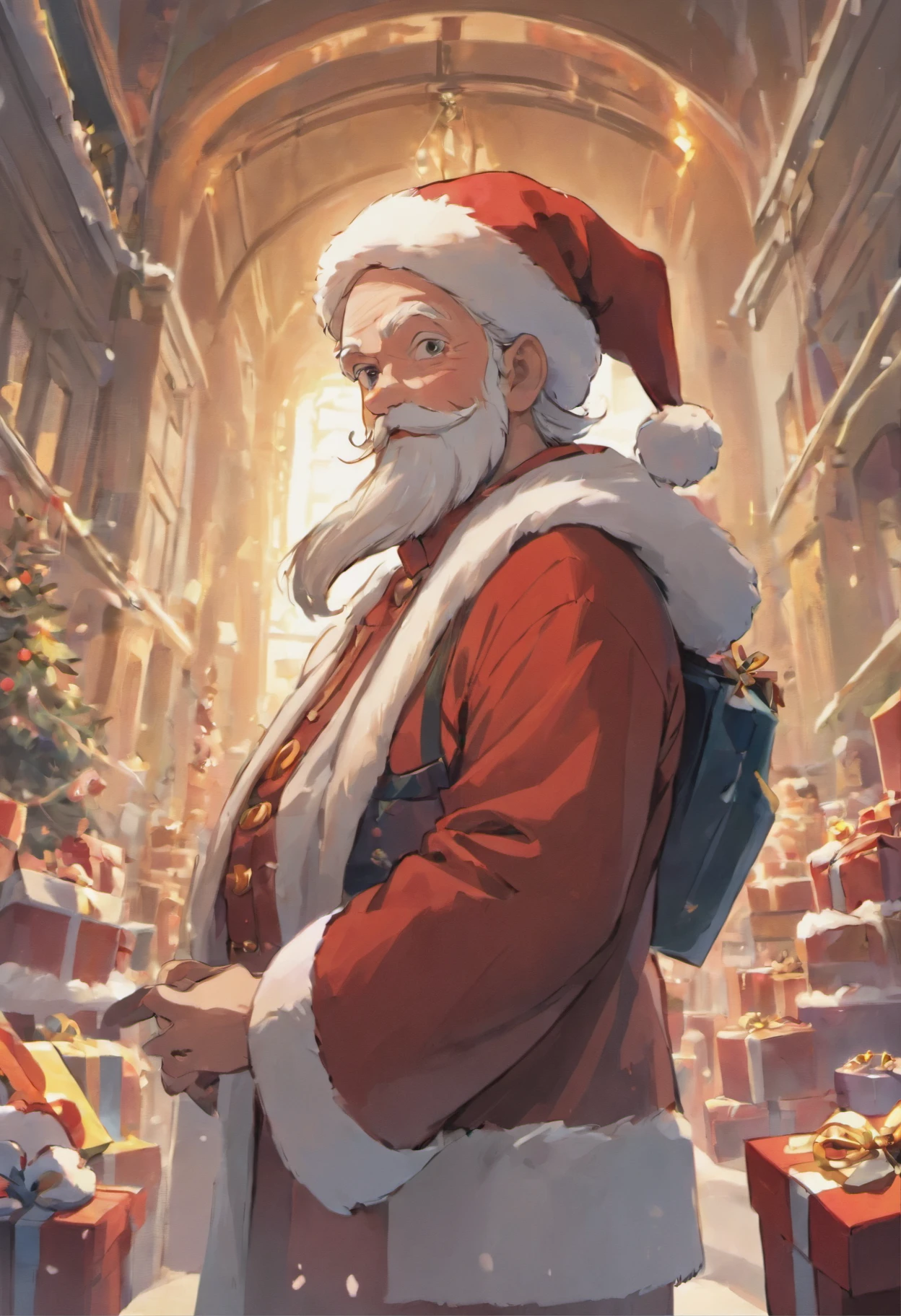 santa：A kind old man，Wearing red coat and hat，White beard and smiling facial expression。Correct anatomy，Eyes in focus，bokeh，Facial features are carefully drawn，The children：A group of happy children can appear in the picture，They excitedly surround Santa Claus，Looking forward to receiving their favorite gifts。 gifts：Santa Claus holding a big bag or gift box，It is filled with all kinds of exquisite