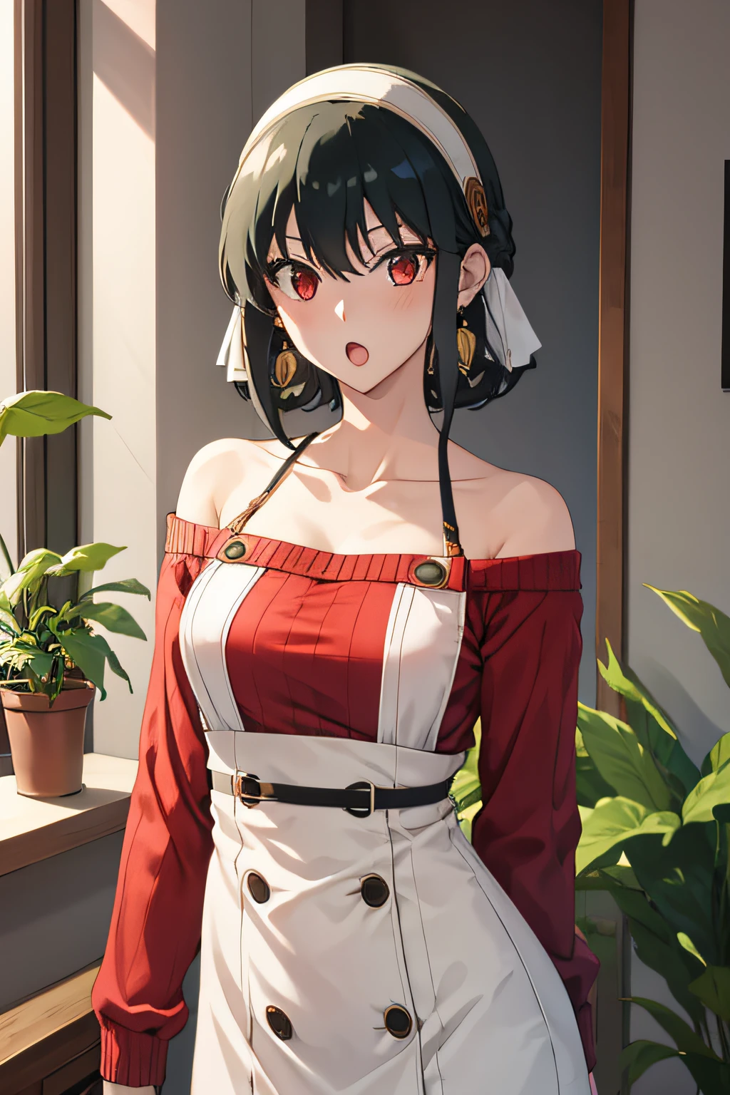 masutepiece, Yor, 1girl in, Solo, Looking at Viewer, Open mouth, Black hair, Red Eyes, Dress, Bare shoulders, Jewelry, 鎖骨, side locks, shairband, earrings, Indoors, off shoulders, :o, Sweaters, arms behind back, plant, short hair with long locks, white hairband, Off shoulder dress, sweater dress, off-the-shoulder sweater, Red Sweater, large side hair, Very long side hair,
