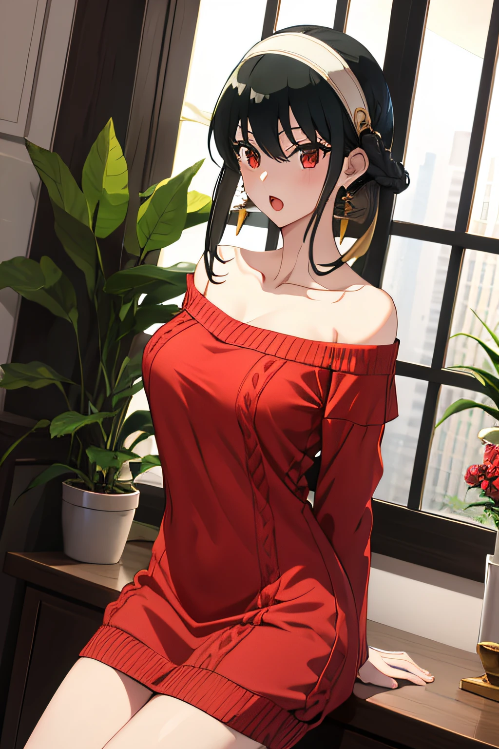 masutepiece, Yor, 1girl in, Solo, Looking at Viewer, Open mouth, Black hair, Red Eyes, Dress, Bare shoulders, Jewelry, 鎖骨, side locks, shairband, earrings, Indoors, off shoulders, :o, Sweaters, arms behind back, plant, short hair with long locks, white hairband, Off shoulder dress, sweater dress, off-the-shoulder sweater, Red Sweater, large side hair, Very long side hair,