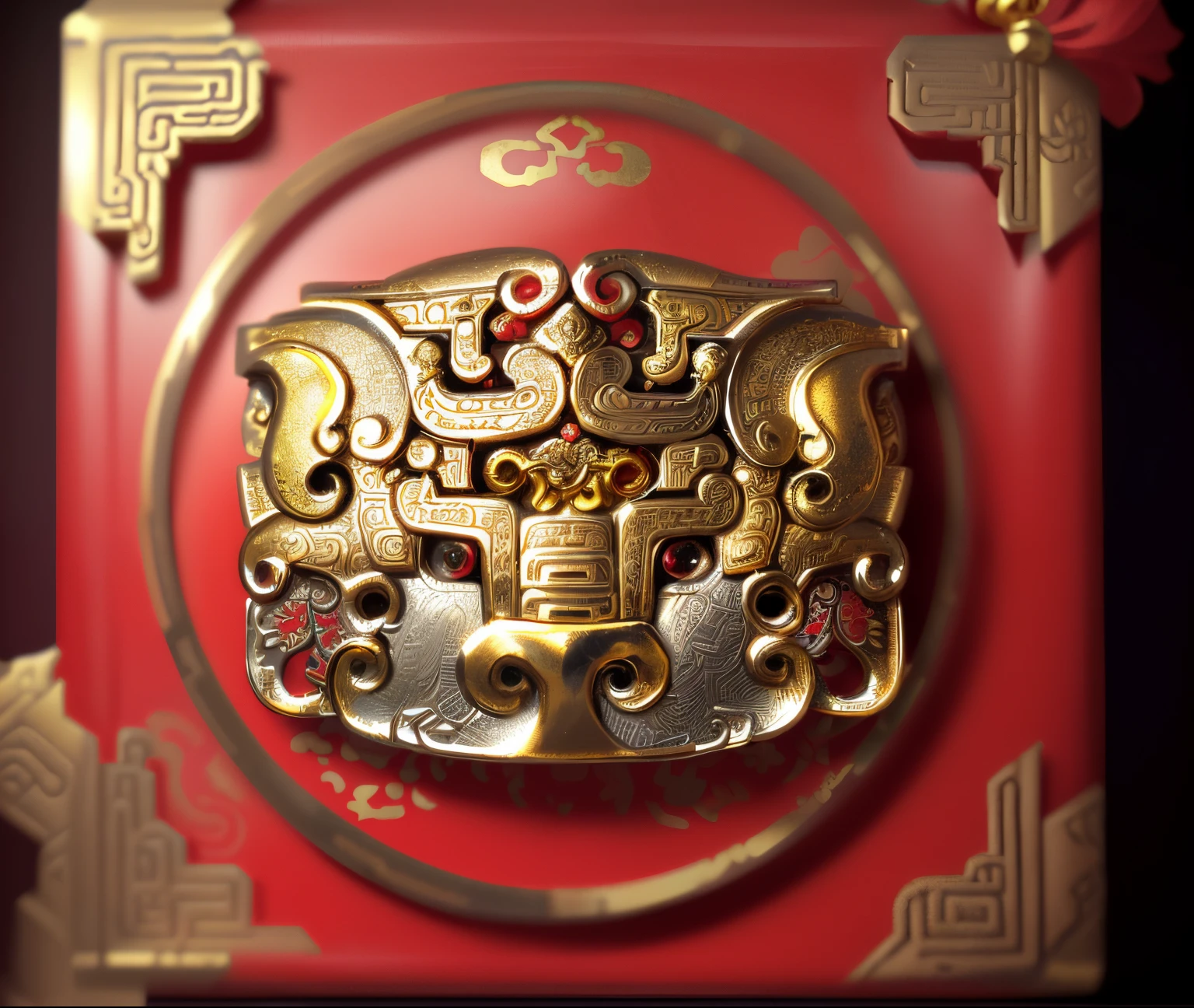 Close-up of silver and gold buckle on red background, close up shot of an amulet, ancient chinese ornate, you were before, Shui mo Hua, ancient china art style, Chinese Ghost Festival, Dai traditional bronze headdress, mayan, gujian, Detailed picture, Inspired by Puhua, nanquan，Illustration style