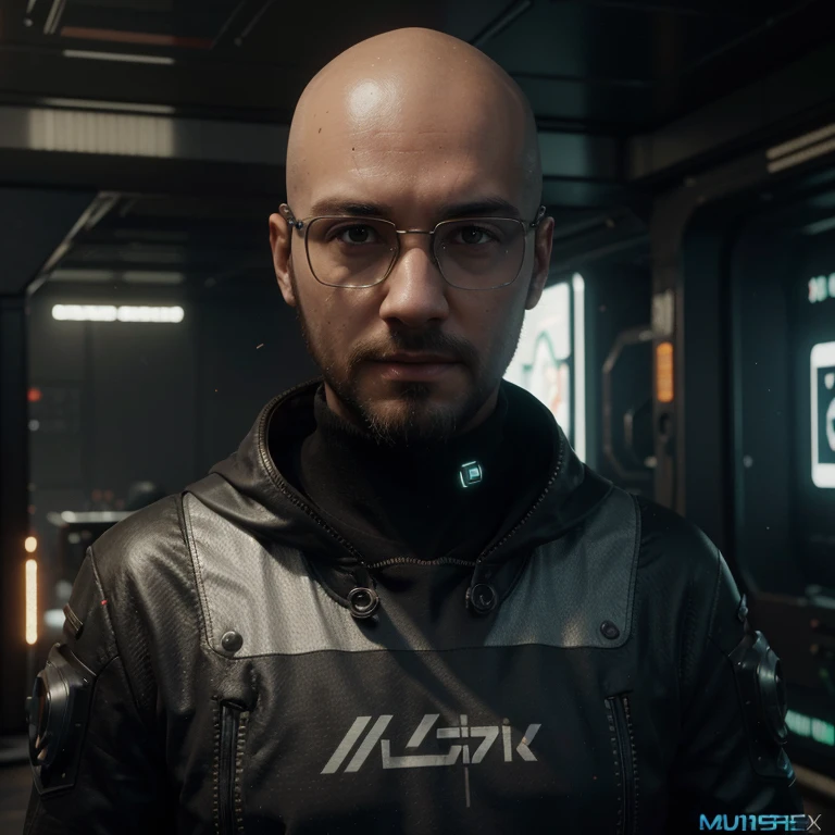((Best quality)), ((masterpiece)), (highly detailed:1.3), 3D, beautiful (cyberpunk:1.3), front view of manly bald young man face with beard and with elegant glasses working at computer screen, computer servers, LCD screens, fibre optic cables, corporate logos,HDR (High Dynamic Range),Ray Tracing,NVIDIA RTX,Super-Resolution,Unreal 5,Subsurface scattering,PBR Texturing,Post-processing,Anisotropic Filtering,Depth-of-field,Maximum clarity and sharpness,Multi-layered textures,Albedo and Specular maps,Surface shading,Accurate simulation of light-material interaction,Perfect proportions,Octane Render,Two-tone lighting,Low ISO,White balance,Rule of thirds,Wide aperature,8K RAW,Efficient Sub-Pixel,sub-pixel convolution,luminescent particles
