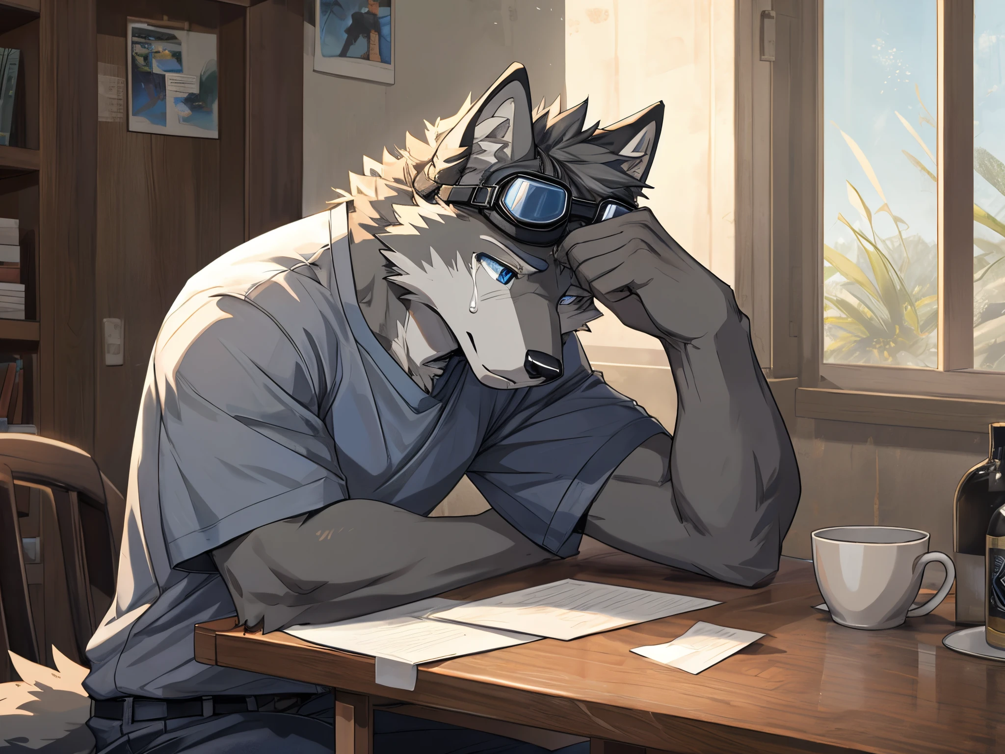 Masterpiece, Solo, Furry Gray Wolf, Gray Fur, Blue Eyes, Gray Medium Hair, Medium Muscular Body, Crying, In table, Closed Eyes, Casual Shirt, Goggles, Sad Vibes.