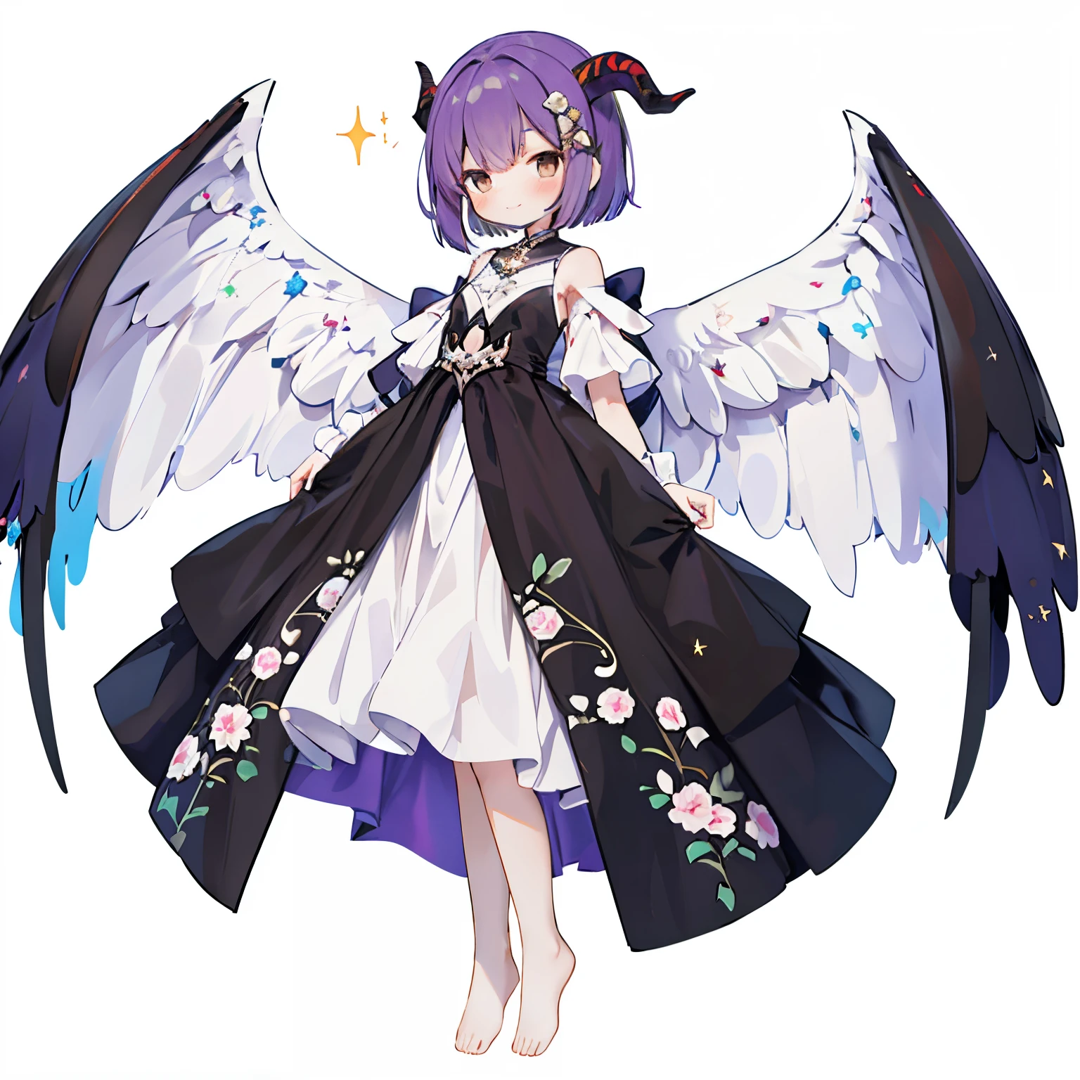 with a large bouquet：1.3，1girl in, Solo, Barefoot, Hair Ornament, Smile, Dress, Horns, White background, Simple background, Brown eyes, hair clips, White Dress, Short hair, blush,, From the side、 Purple hair, Looking at Viewer, Arms up, Standing, Closed mouth, child, Wings, with floral pattern, (Glitter),, Night light