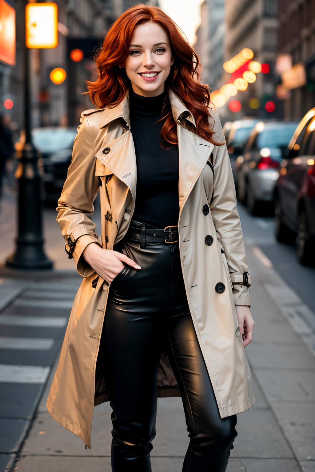 39yo woman, wavy red hair, athletic build, buttoned trench coat, exterior city, soft lighting, thigh high black leather boots, full body photo, hourglass figure, pale skin, pretty woman, adult woman, beautiful woman, realistic, golden hour, playful laugh, delightful smile