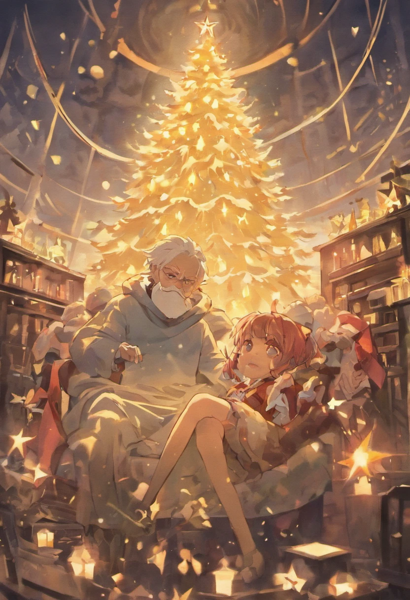 A Santa Claus delivering presents,the night,Cartoon illustration style,retro tone,Christmas tree,glowing effect,depth of fields,to emphasize,Real light,ray traycing,oc rendered,hyper realisitc,Best quality,8K,Works of masters,ultradetailed,Detailed pubic hair,Correct anatomy,Eyes in focus,bokeh,Facial features are carefully drawn,in style of hayao miyazaki,Miyazaki animation style