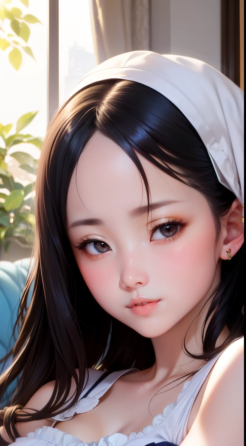 (masterpiece, best quality, beautiful detailed hair detailed face, perfect feminine face, (happy:1.2),beautiful,charming girl sitting on the couch, innocent face,angelic,sharp nose,thick lips,white complexion, shiny skin, shiny foreheads, lens flare, sharp focus, volumetric lighting, trending on artstation, pixiv, by sakimichan, george kamitani, akira yasuda, alphonse mucha, greg rutkowski, gil elvgren, william-adolphe bouguereau