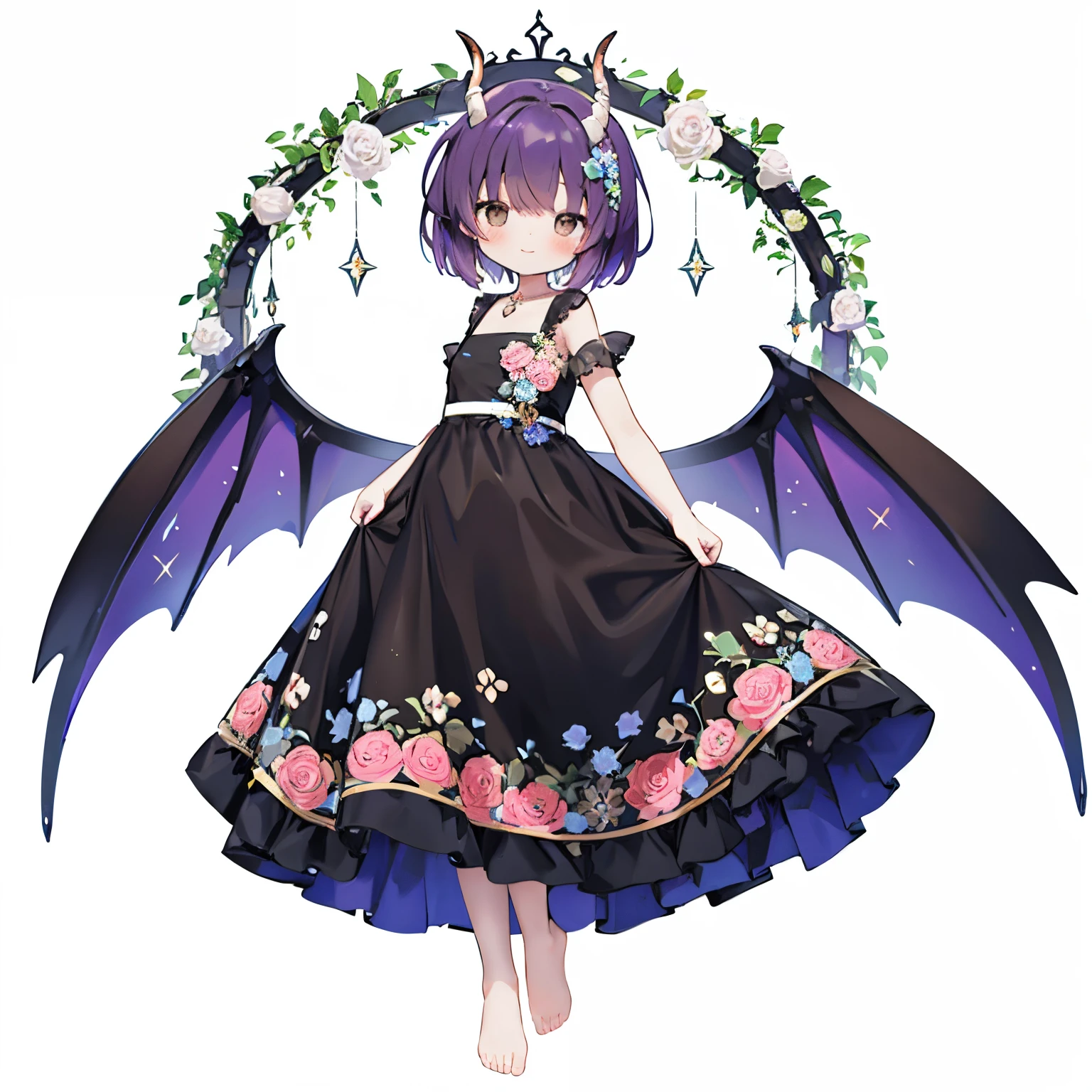 (with a large bouquet:1.3),1girl in, Solo, Barefoot, Hair Ornament, Smile, Dress, Horns, White background, Simple background, Brown eyes, hair clips, White Dress, Short hair, blush,, From the side、 Purple hair, Looking at Viewer, Arms up, Standing, Closed mouth, child, Wings, with floral pattern, (Glitter),, Night light